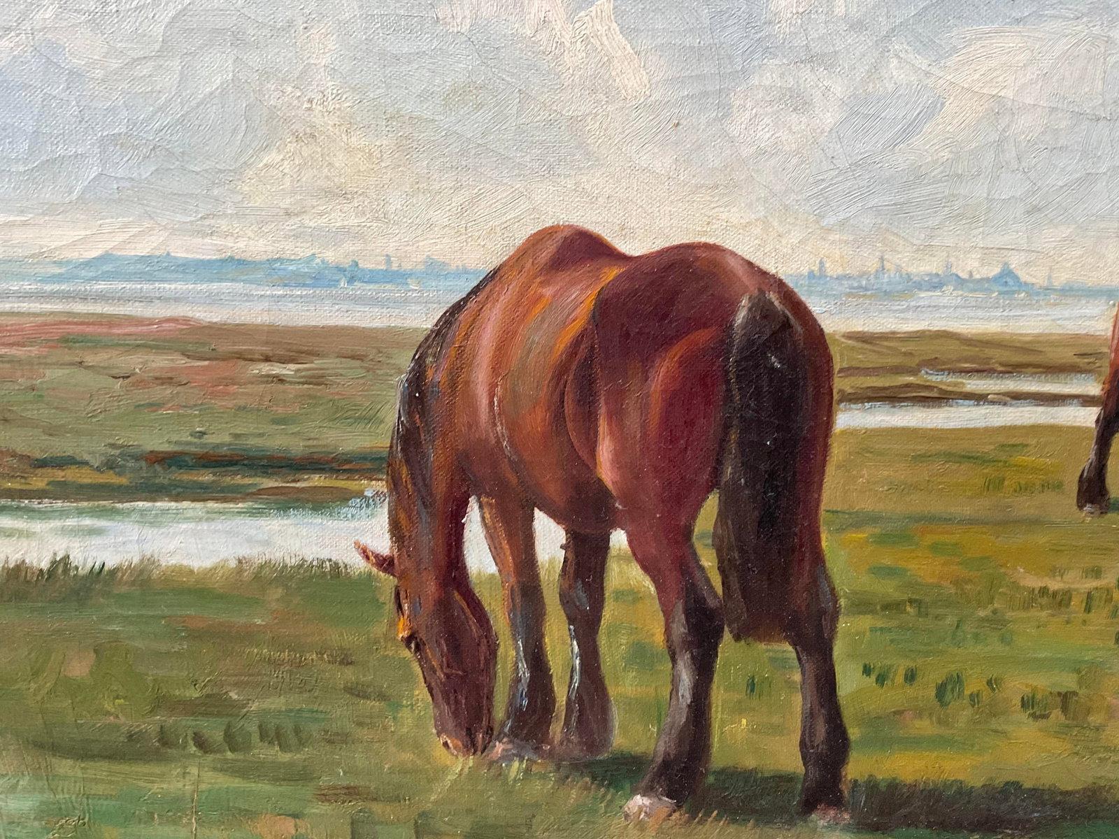 Antique Niels Christiansen Oil Painting - Danish Landscape With Grazing Horses - 14