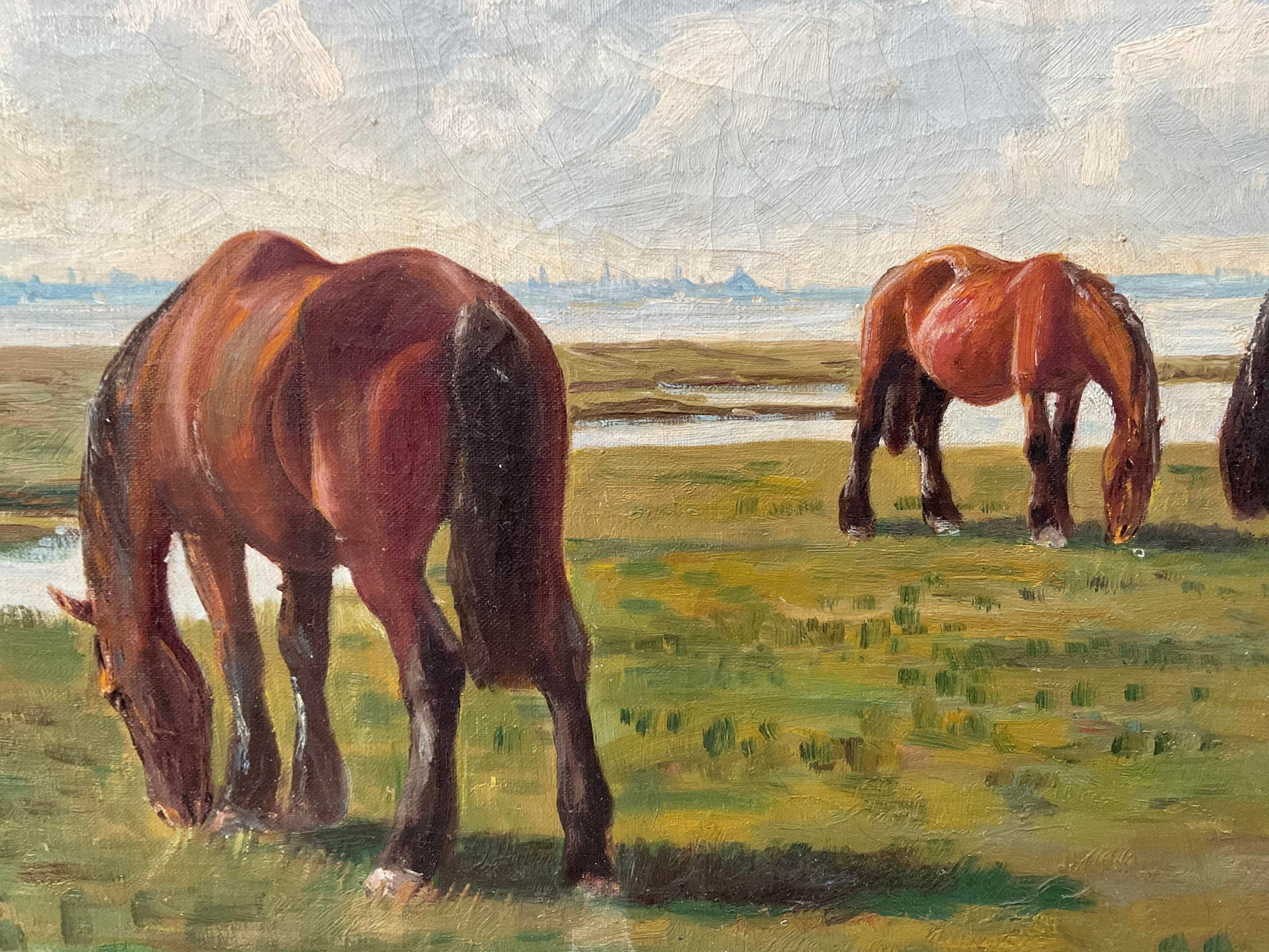 Antique Niels Christiansen Oil Painting - Danish Landscape With Grazing Horses - 15
