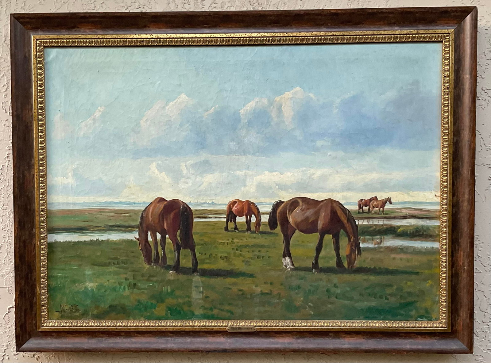 Antique Niels Christiansen Oil Painting - Danish Landscape With Grazing Horses - 18