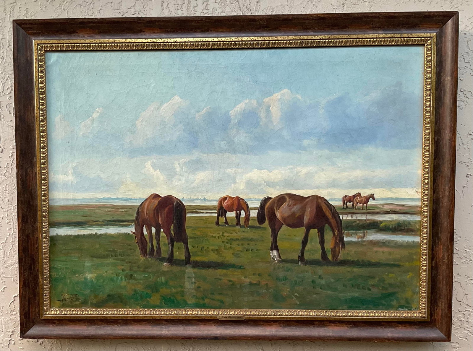 Antique Niels Christiansen Oil Painting - Danish Landscape With Grazing Horses - 2