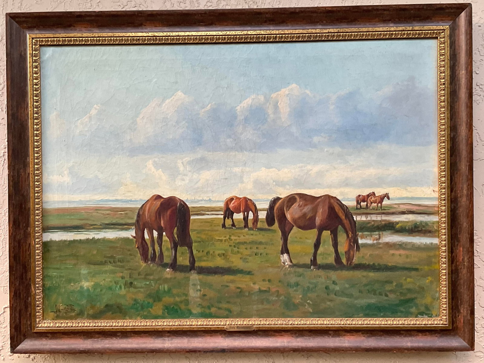Antique Niels Christiansen Oil Painting - Danish Landscape With Grazing Horses - 3