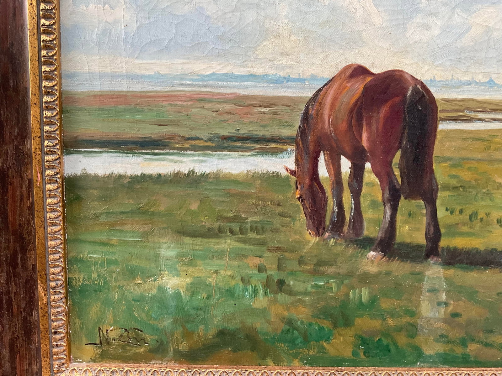 Antique Niels Christiansen Oil Painting - Danish Landscape With Grazing Horses - 5