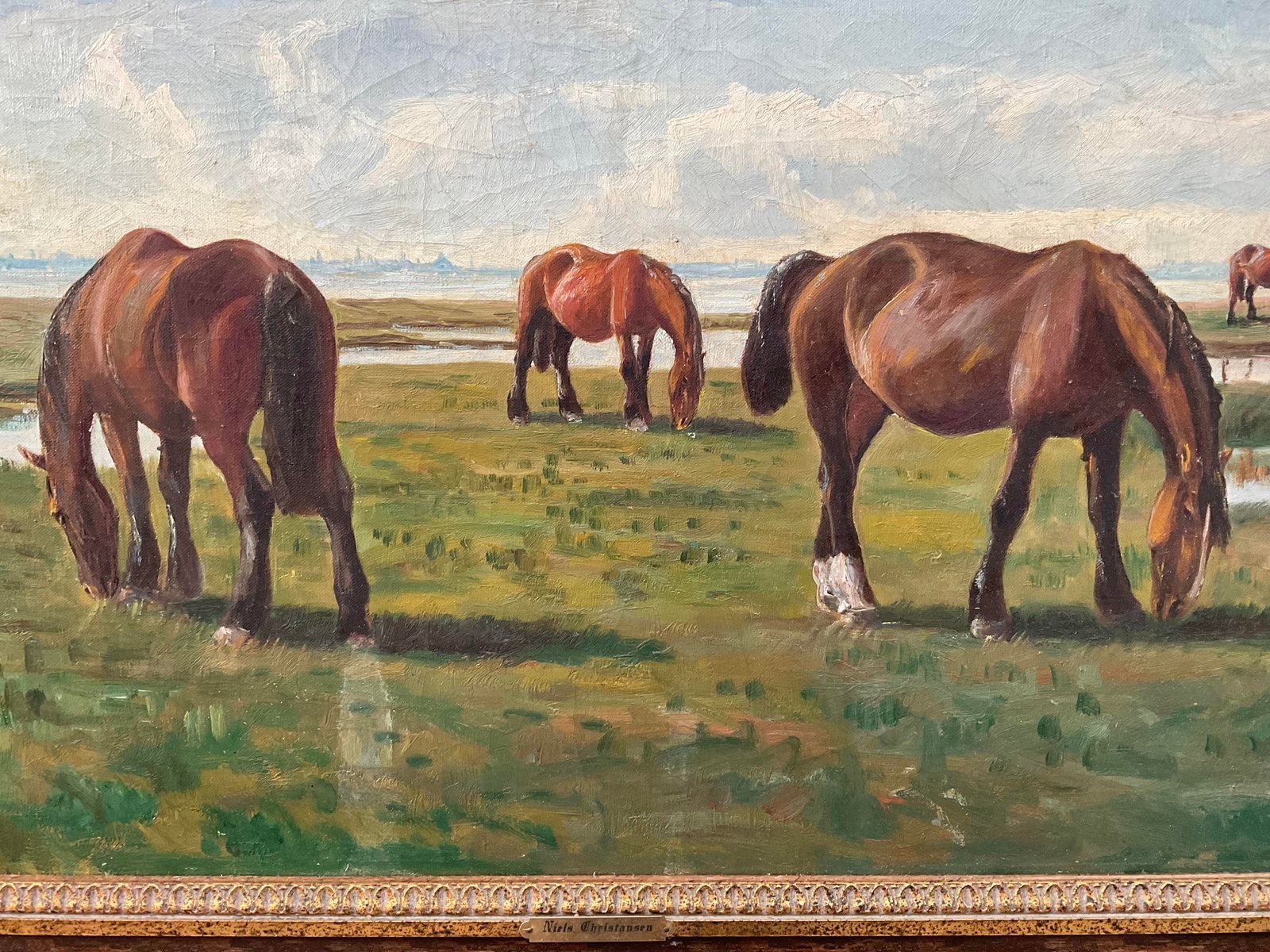 Antique Niels Christiansen Oil Painting - Danish Landscape With Grazing Horses - 6
