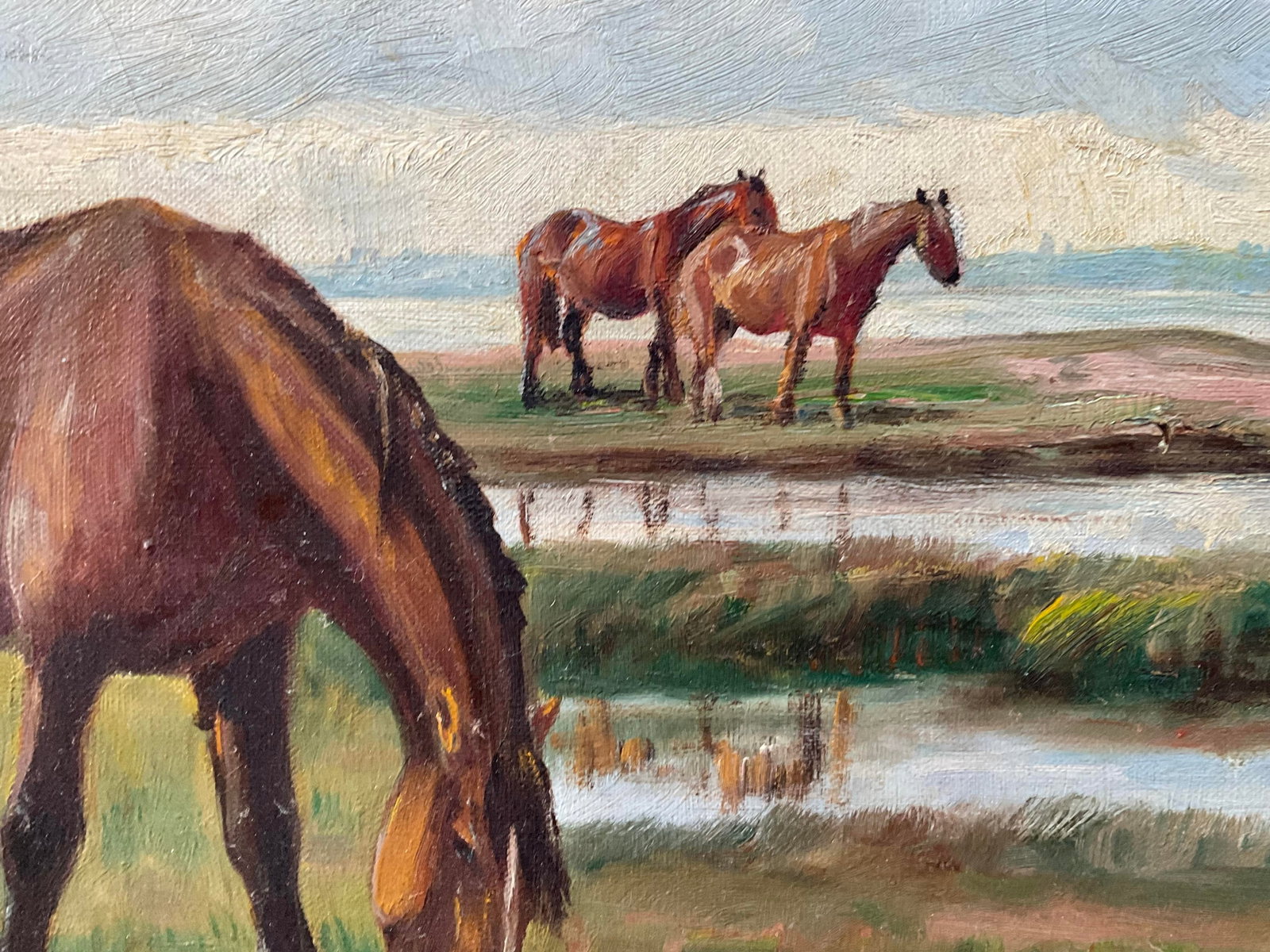 Antique Niels Christiansen Oil Painting - Danish Landscape With Grazing Horses - 9