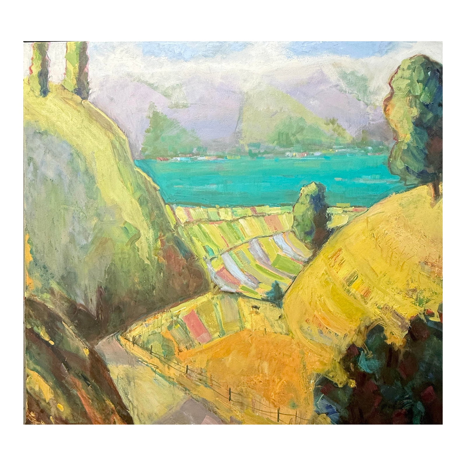 Painting Oil on Canvas California Landscape Hartman: "Carquinez Revisited" is a vibrant and expansive landscape painting that uses color and texture to create a sense of rolling, sun-drenched elevation. At 47"x54", this is a significant "statement"
