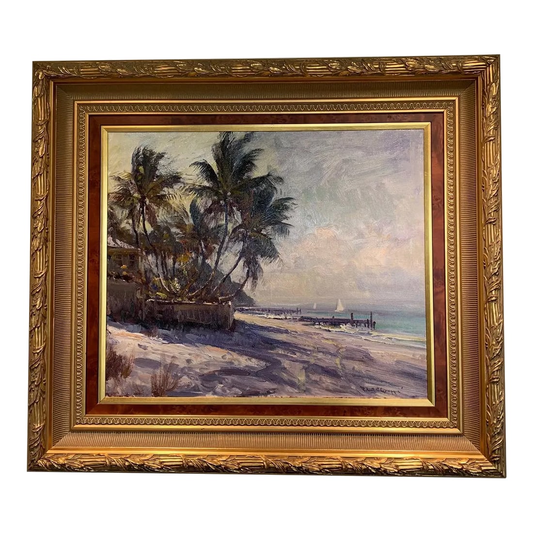 2000s "Naples Pier, Naples Florida" Beach Landscape Oil Painting by Robert Charles Gruppe, Framed: Robert Charles Gruppe (b.1944) Robert Gruppe's grandfather was Charles Paul Gruppe , his father was Emile A. Gruppe who were both respected painters of their time and now. This painting is rich in