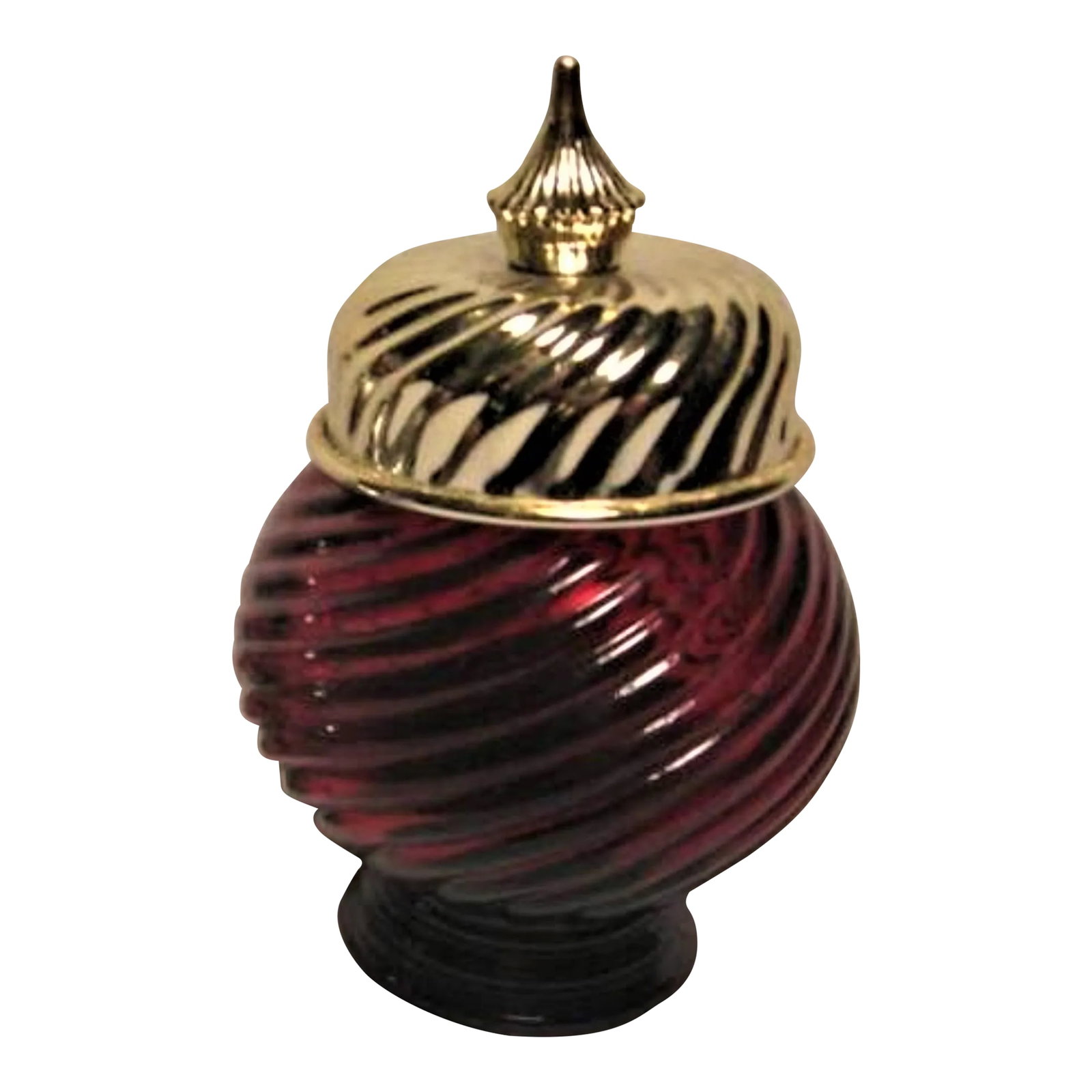 Vintage 1970s Avon Swirled Glass Jar Gold Cover Avon Ruby Red Collector Bottle: Avon Swirled Glass Jar (EMPTY) Gold Cover Avon Ruby Red Collector Bottle Vintage 1970s. Vintage 1970s, Avon collectible, ruby red swirled glass jar/bottle/container with gold metallic cover. Snap-on p