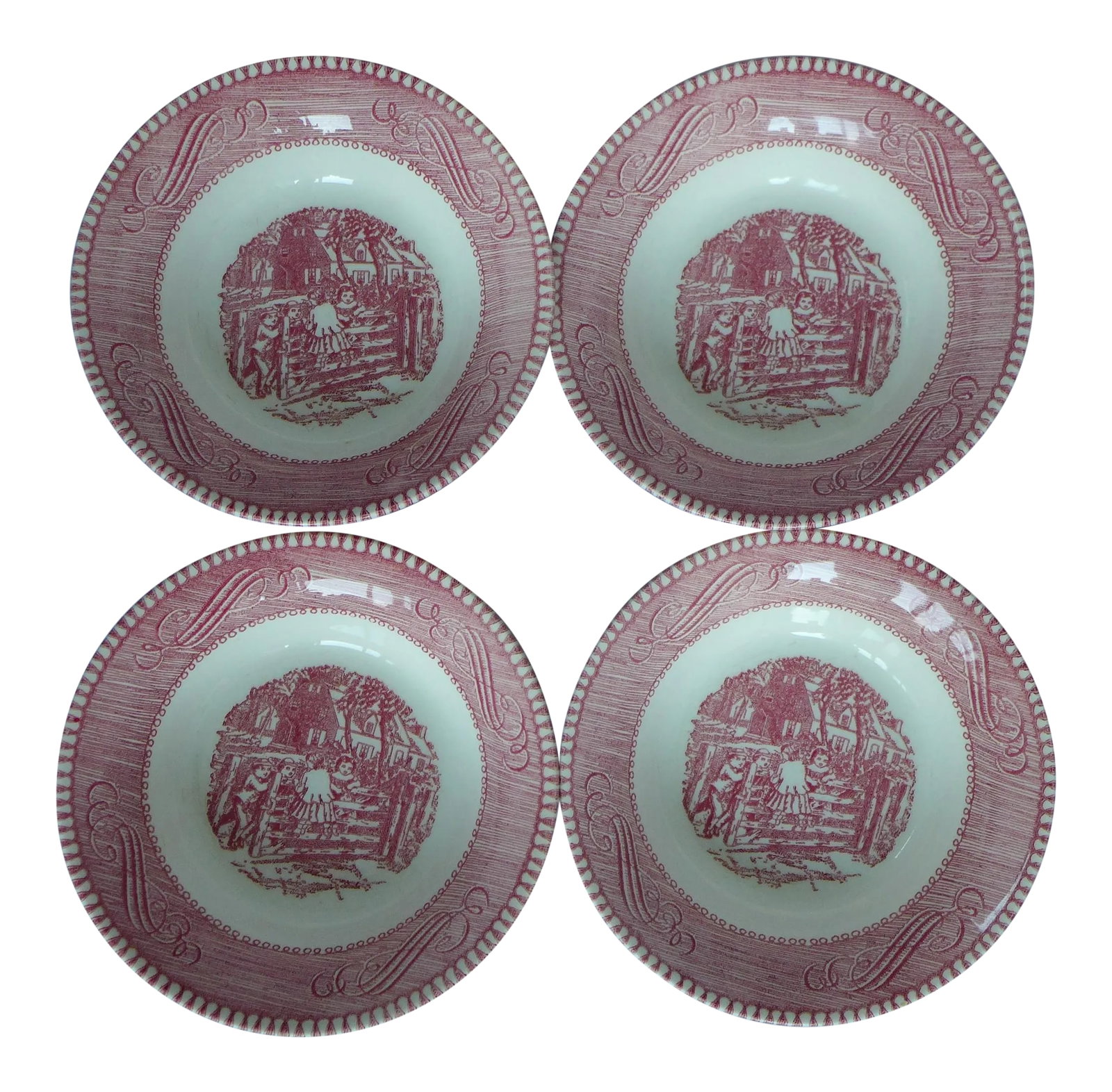 Pink and White Berry Bowls " Kids Playing Pattern" - Set of 4: Offered is a vintage set of four pink and white small berry / dessert bowls, no makers mark, excellent! 5.5"D X 1.25" H Condition: Alterations: Original Condition Unaltered Imperfections: Some