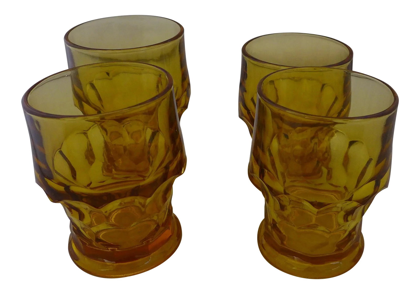 Mid-Century Modern Amber Bar Glasses - Set of 4: Set of four (4) Mid-Century Modern glasses. Features a lovely honeycomb amber hue. Great as water or bar heavy glasses. 3"D X 4.35"H Base 2.75"D Condition: Alterations: Original Condition Unaltered
