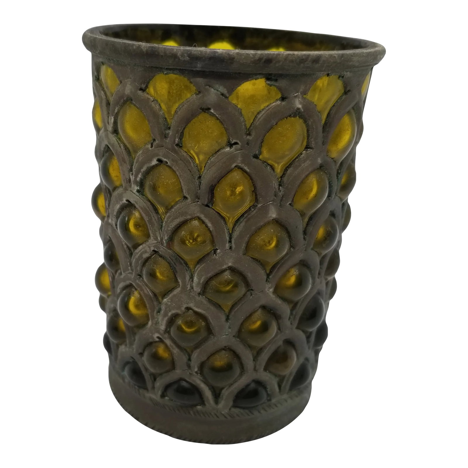 Vintage 1970s Caged Yellow Bubble Glass Votive: Vintage Brass Caged Yellow Bubble Glass Votive. Made in the 1970s. Condition: Alterations: Original Condition Unaltered Imperfections: Some Imperfections Condition Notes: Age, Vintage Materials &
