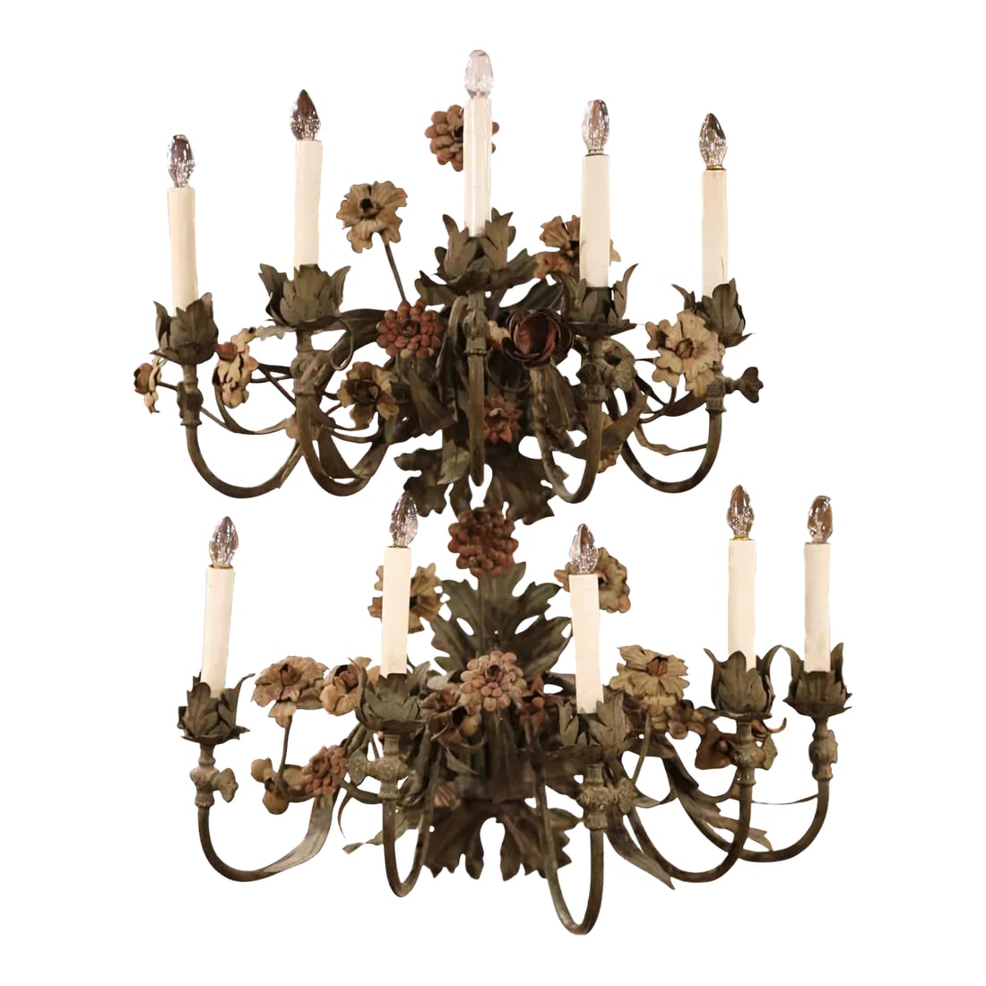Pair of 20th Century French Tole Flowers and Leaves Five-Light Sconces: These elegant antique wall lights were crafted in France, circa 1920. Each feminine sconce has five wired arms dressed with decorative candle sleeve covers, and features pink and yellow flowers in ver