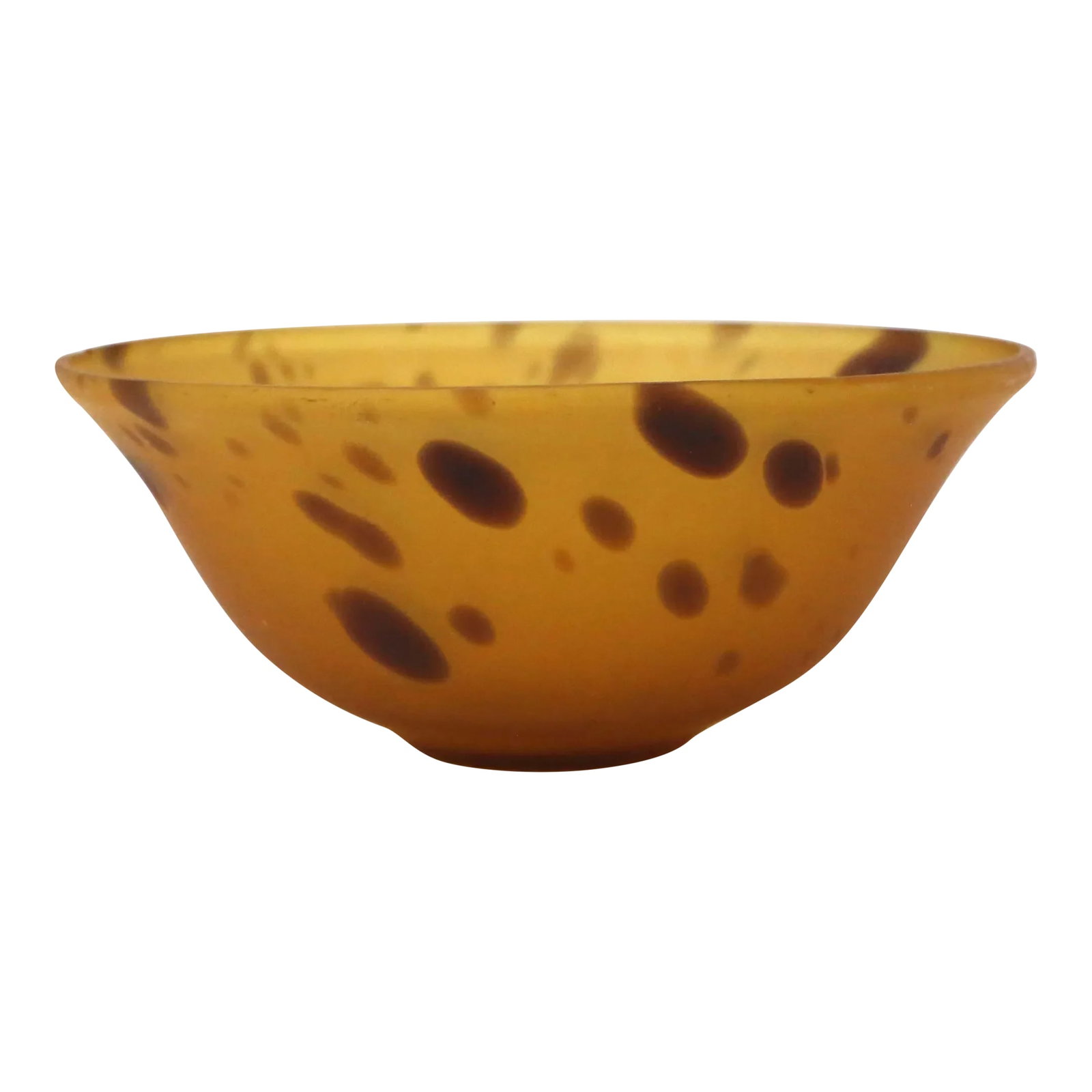 1990's Orange and Brown Matte Art Glass Bowl: A vintage, handmade art glass bowl made with orange/amber glass with brown spots, with a matte/satin finish. There is a small chip on the edge - see photo. Condition: Alterations: Original Condition