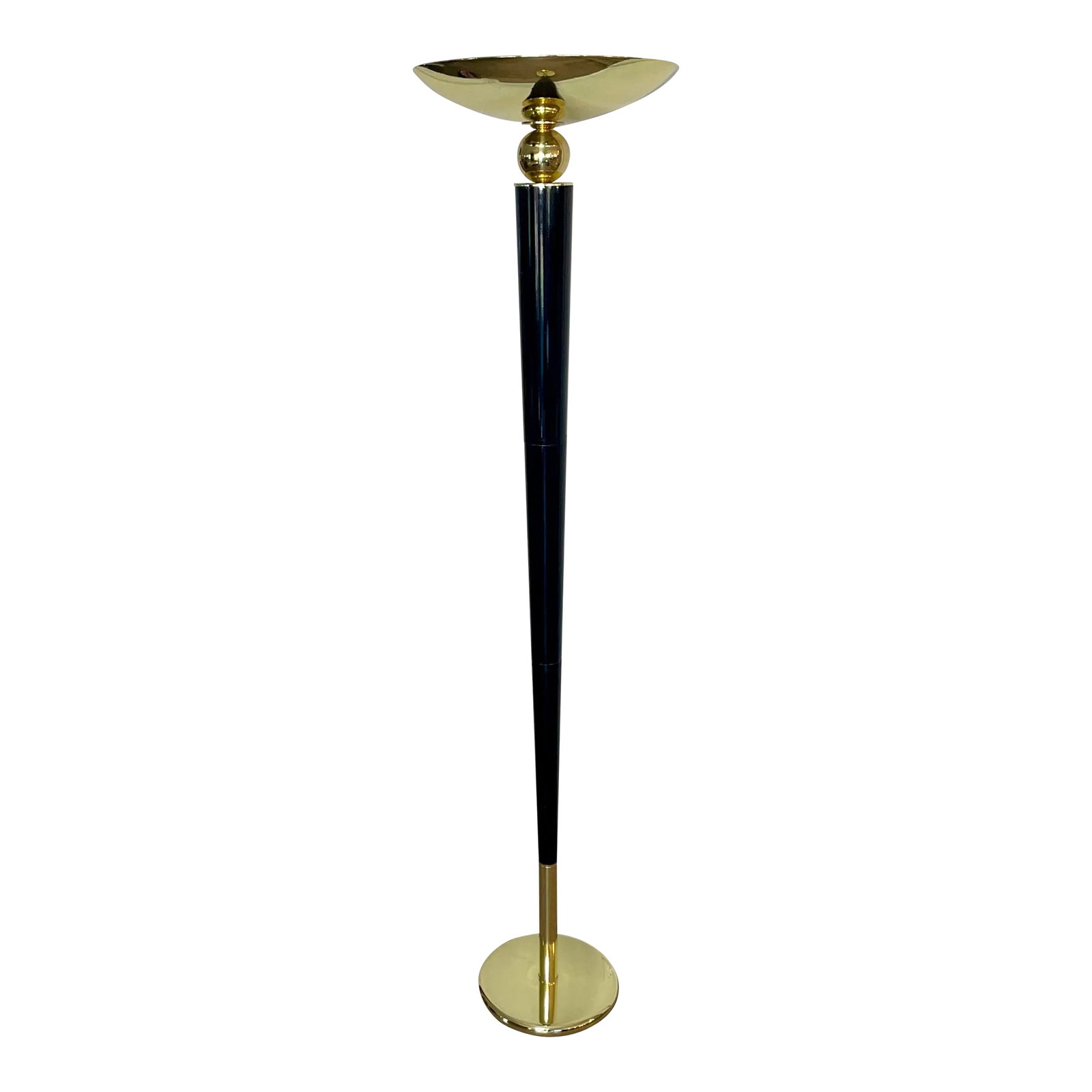 Art Deco Revival Torchiere Floor Lamp in Black Enamel & Lacquered Brass: A magnificent floor lamp in a French art deco style, with modern electrics. Pole is black enamel over wood with shade, base and decorative stacked balls in plated, lacquered brass. Grand in size, the 