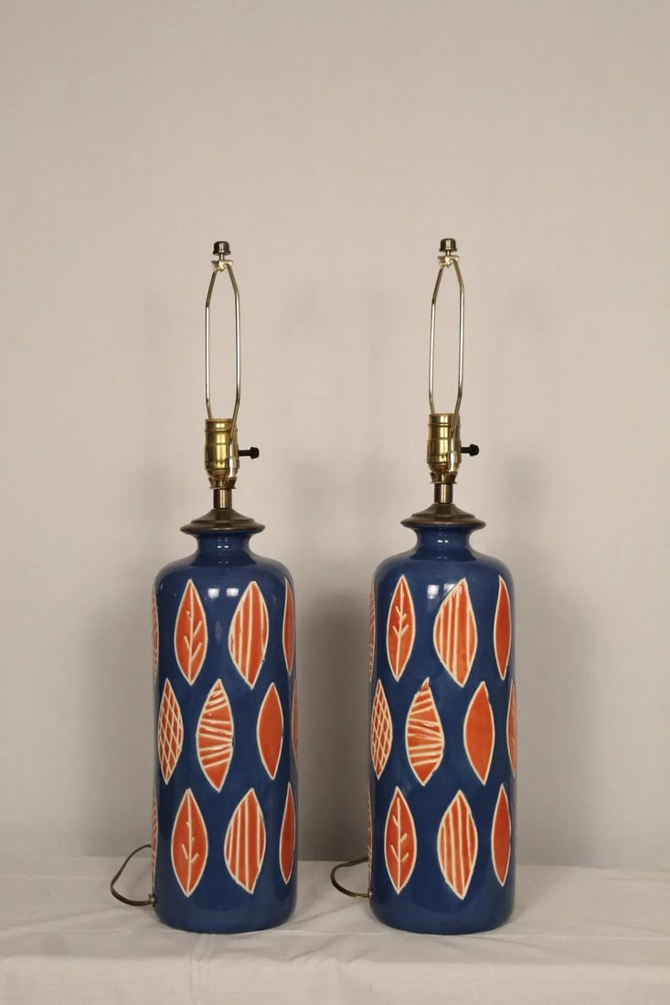 Aldo Londi Style Embossed Ceramic Lamps - a Pair - 10