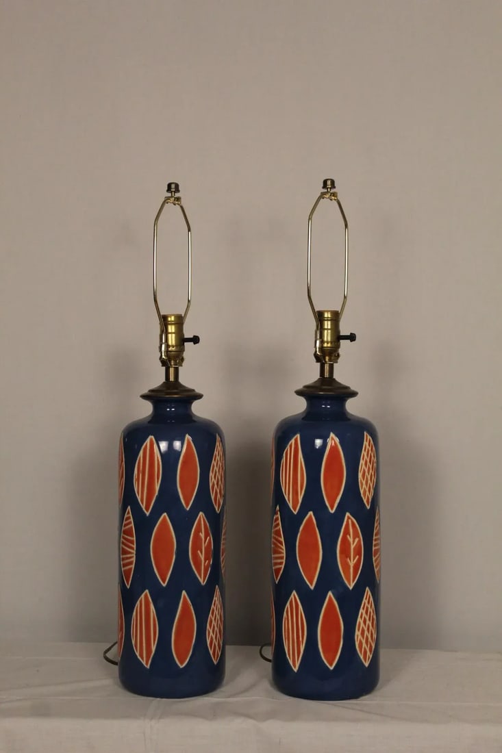 Aldo Londi Style Embossed Ceramic Lamps - a Pair - 11