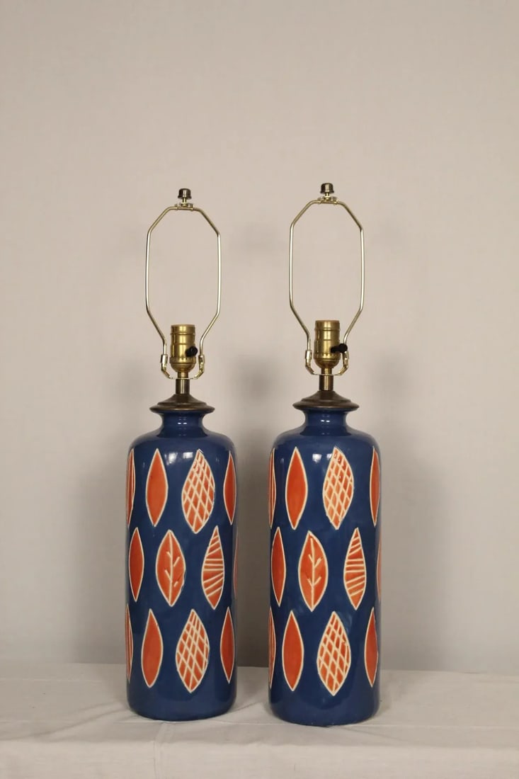 Aldo Londi Style Embossed Ceramic Lamps - a Pair - 12