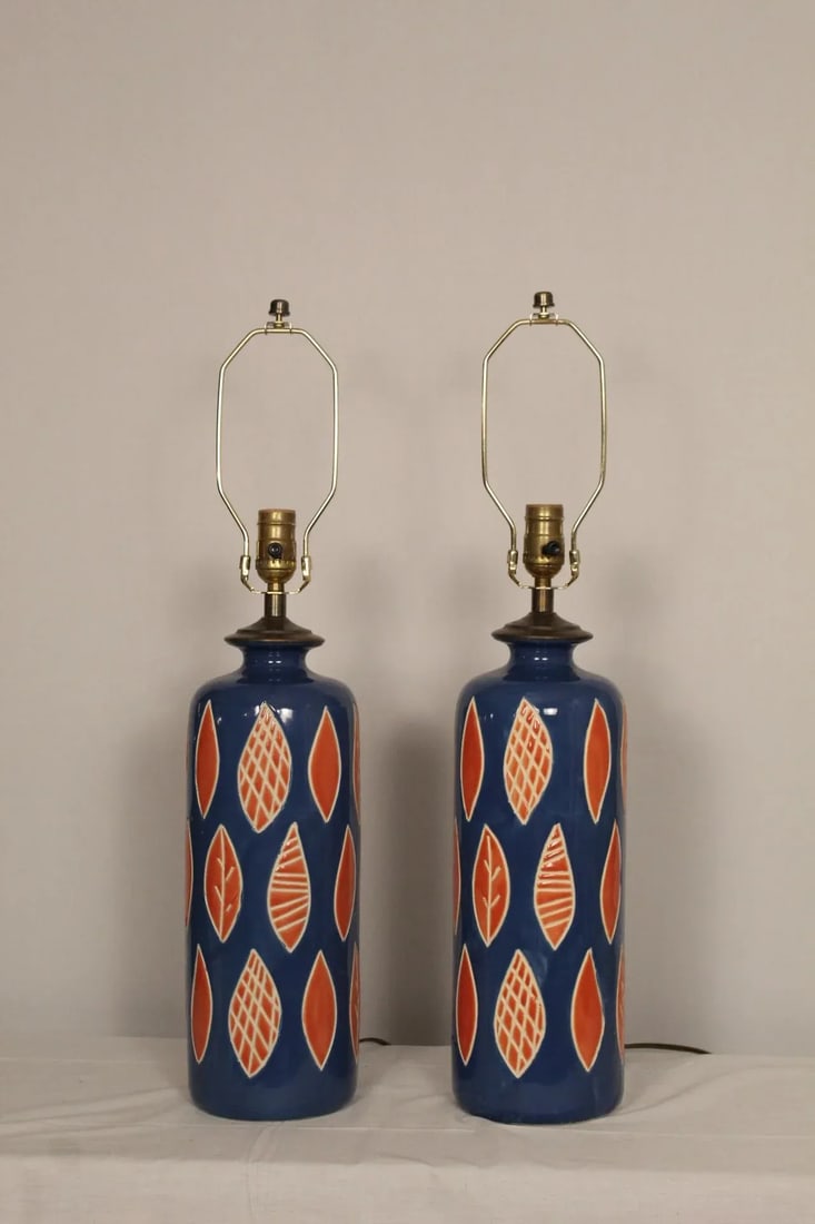 Aldo Londi Style Embossed Ceramic Lamps - a Pair - 13