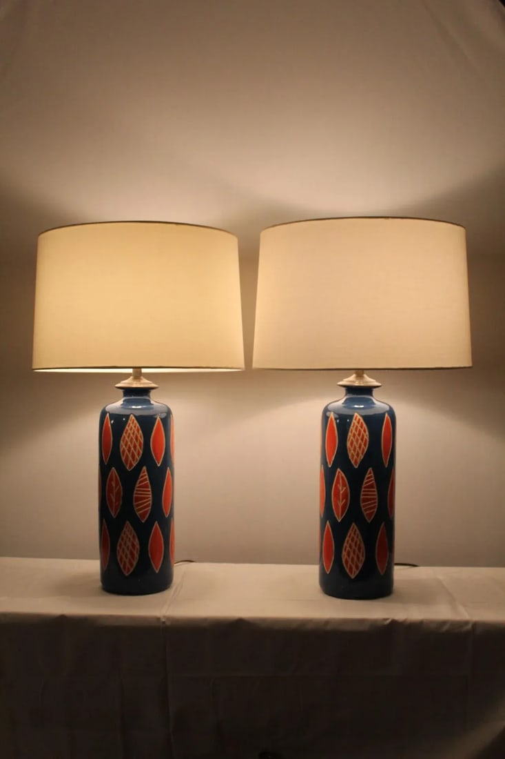 Aldo Londi Style Embossed Ceramic Lamps - a Pair - 2