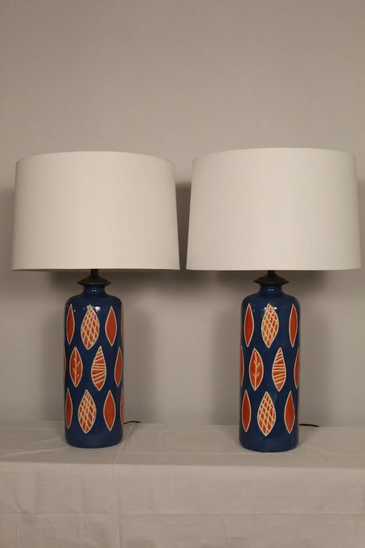 Aldo Londi Style Embossed Ceramic Lamps - a Pair - 3
