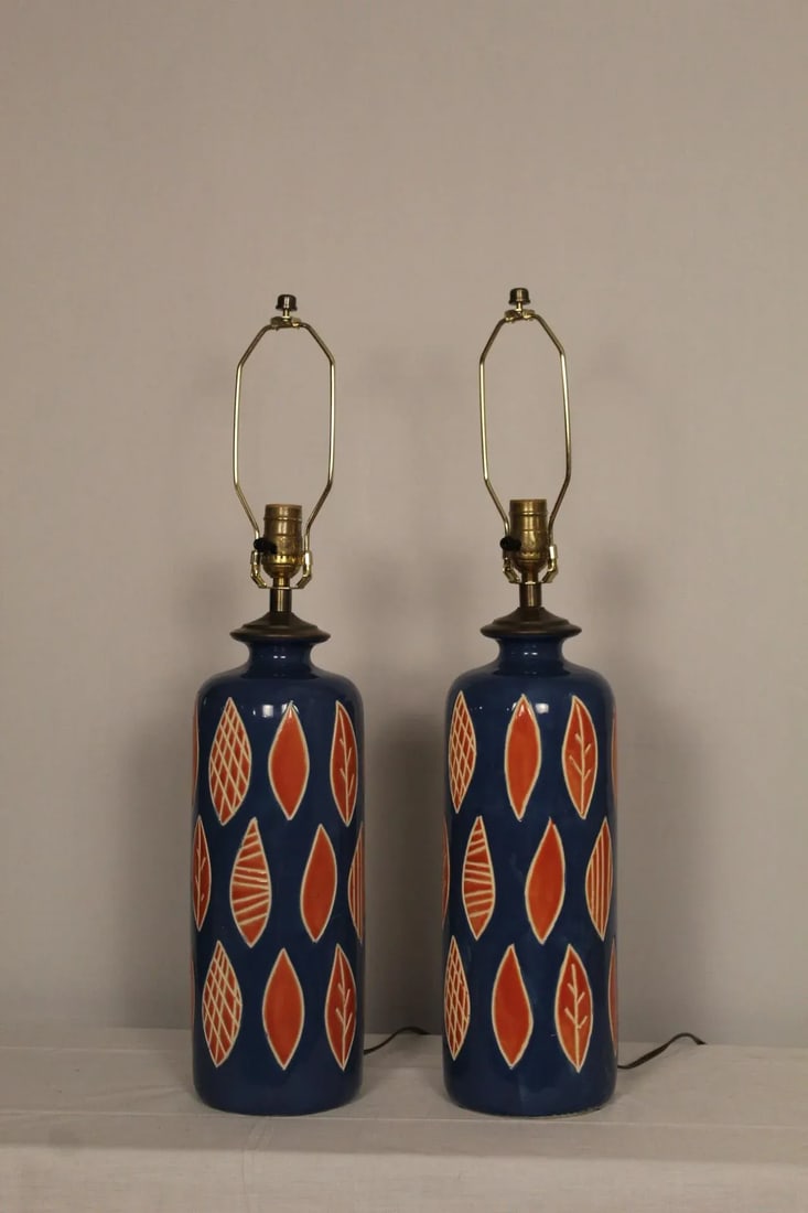 Aldo Londi Style Embossed Ceramic Lamps - a Pair - 4
