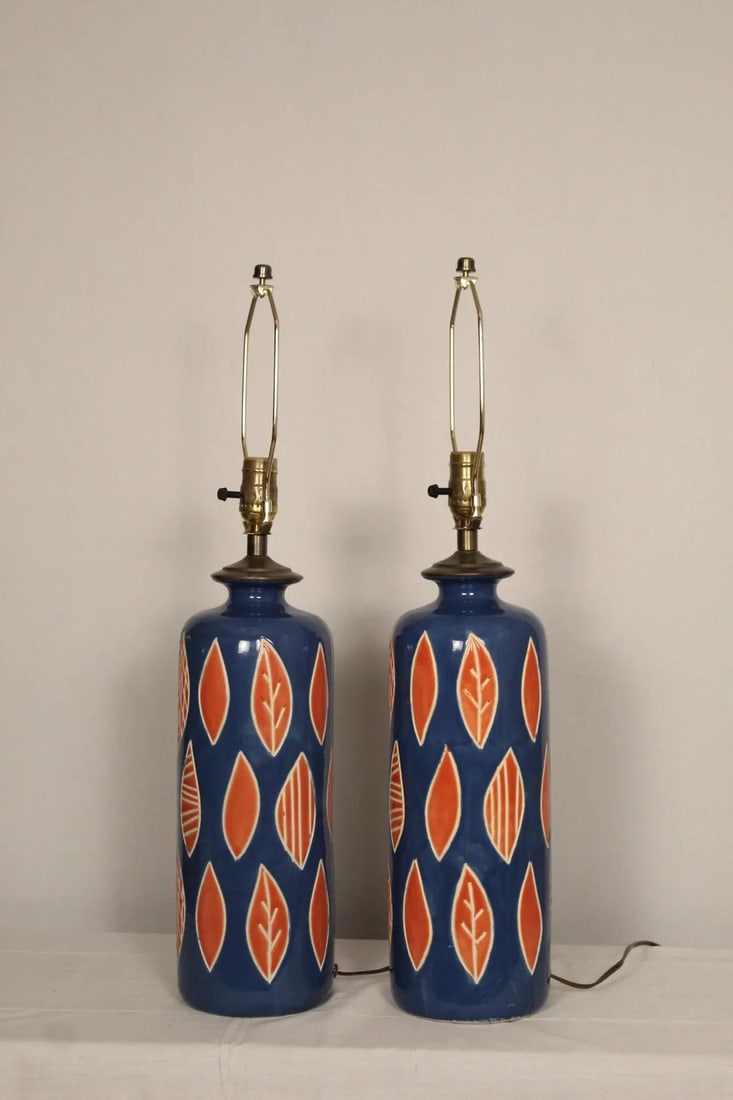 Aldo Londi Style Embossed Ceramic Lamps - a Pair - 5