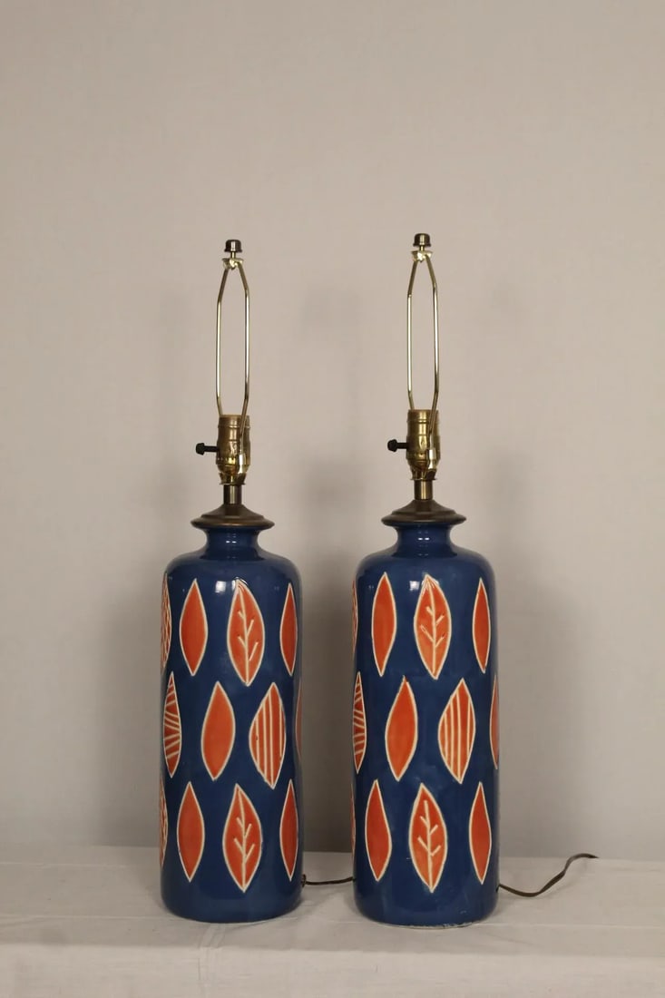 Aldo Londi Style Embossed Ceramic Lamps - a Pair - 6