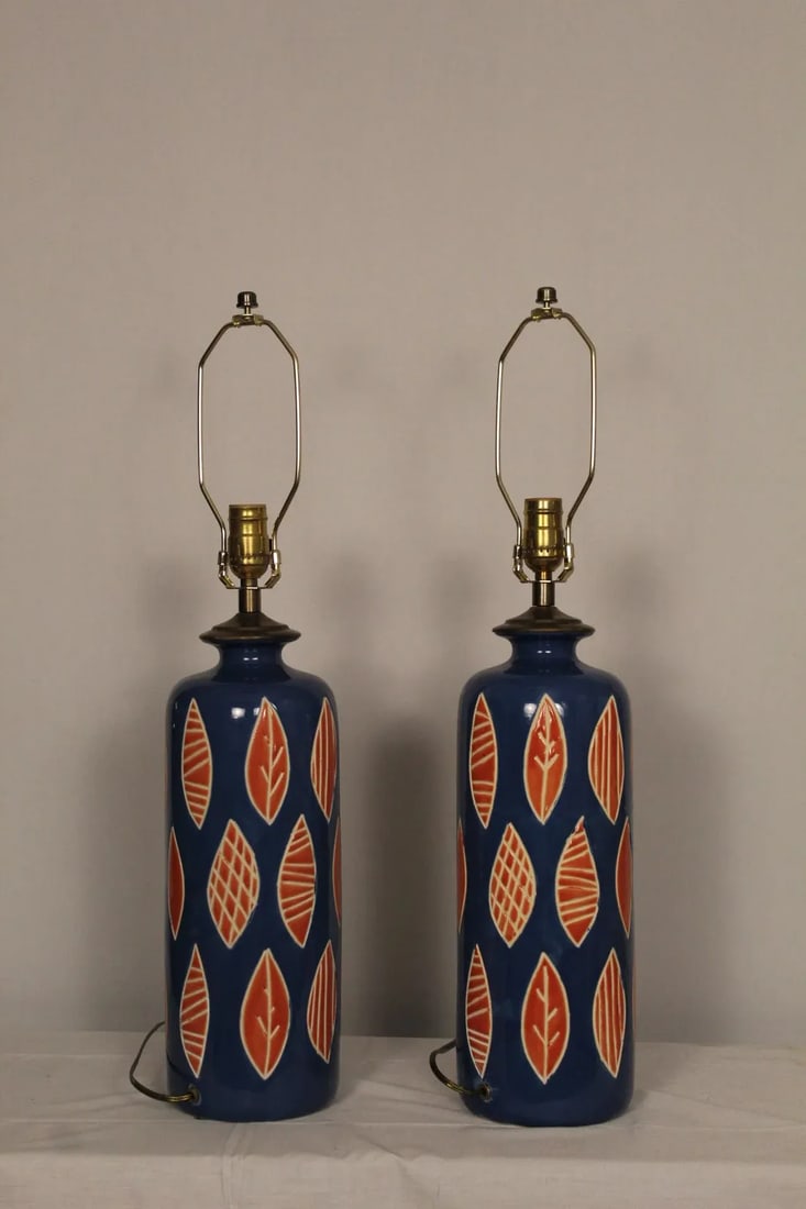 Aldo Londi Style Embossed Ceramic Lamps - a Pair - 9