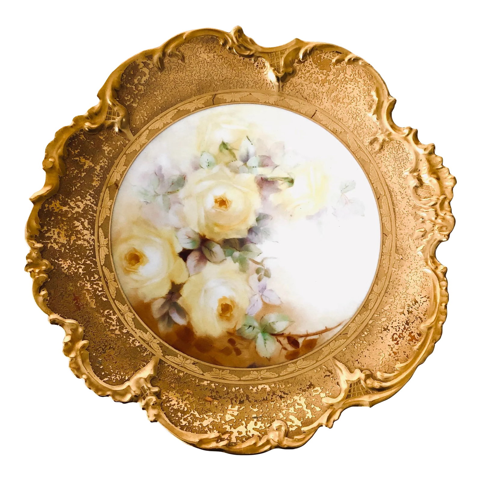 Antique Limoges China , Yellow Roses & Heavy Gold Rim Wall Plate: Antiques Fine Porcelain , Yellow Roses with Heavy Gold Rimmed Wall Plate 12.35"D X 1.50"H , Makers mark reads " Limoge French" Excellent condition. Condition: Alterations: Original Condition Unaltered