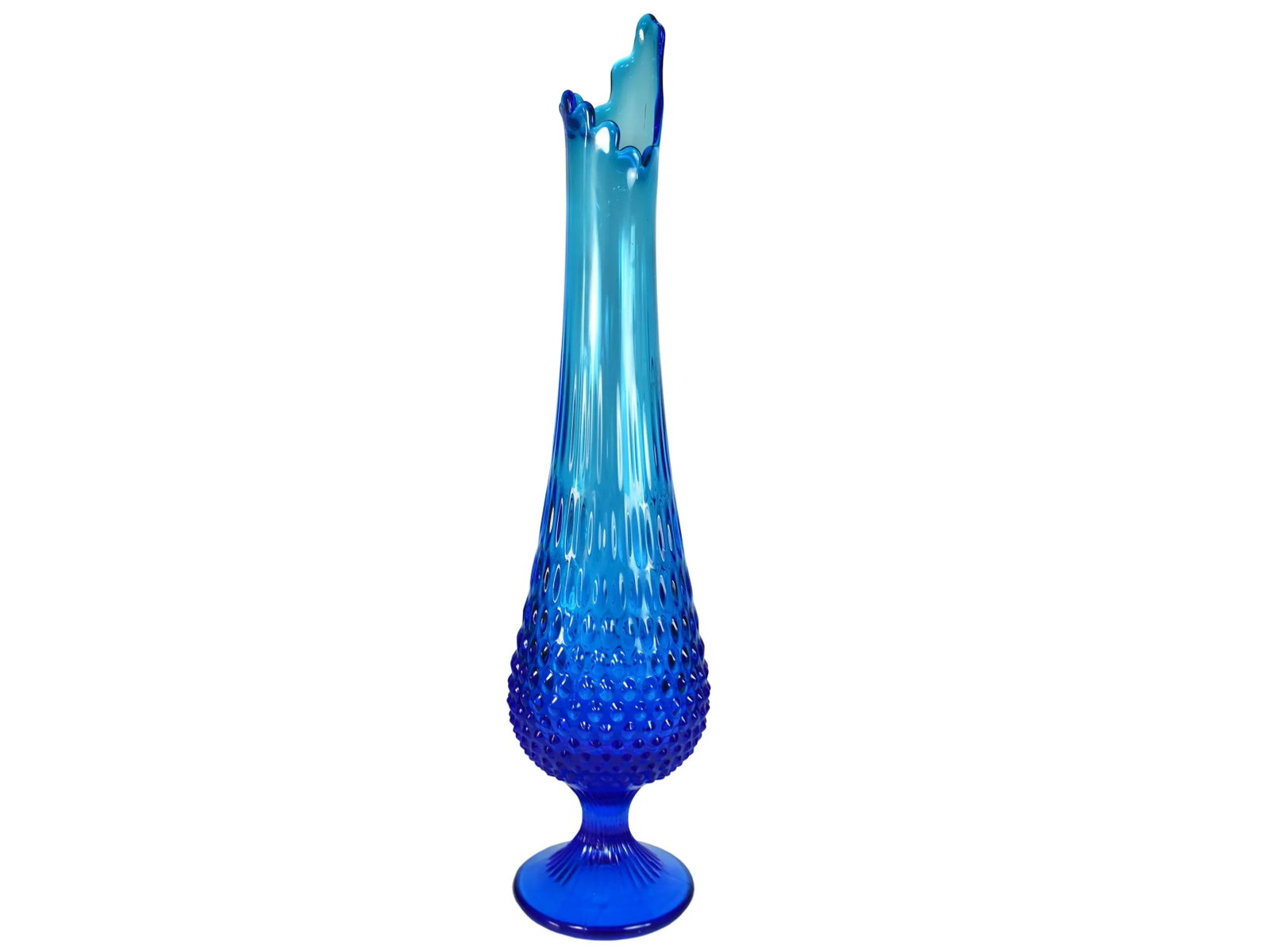 Mid-Century Tall Pedestal Fenton Colonial Blue Hobnail Swung Glass Vase - 2