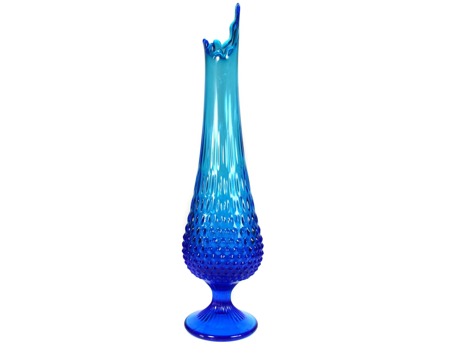 Mid-Century Tall Pedestal Fenton Colonial Blue Hobnail Swung Glass Vase - 3
