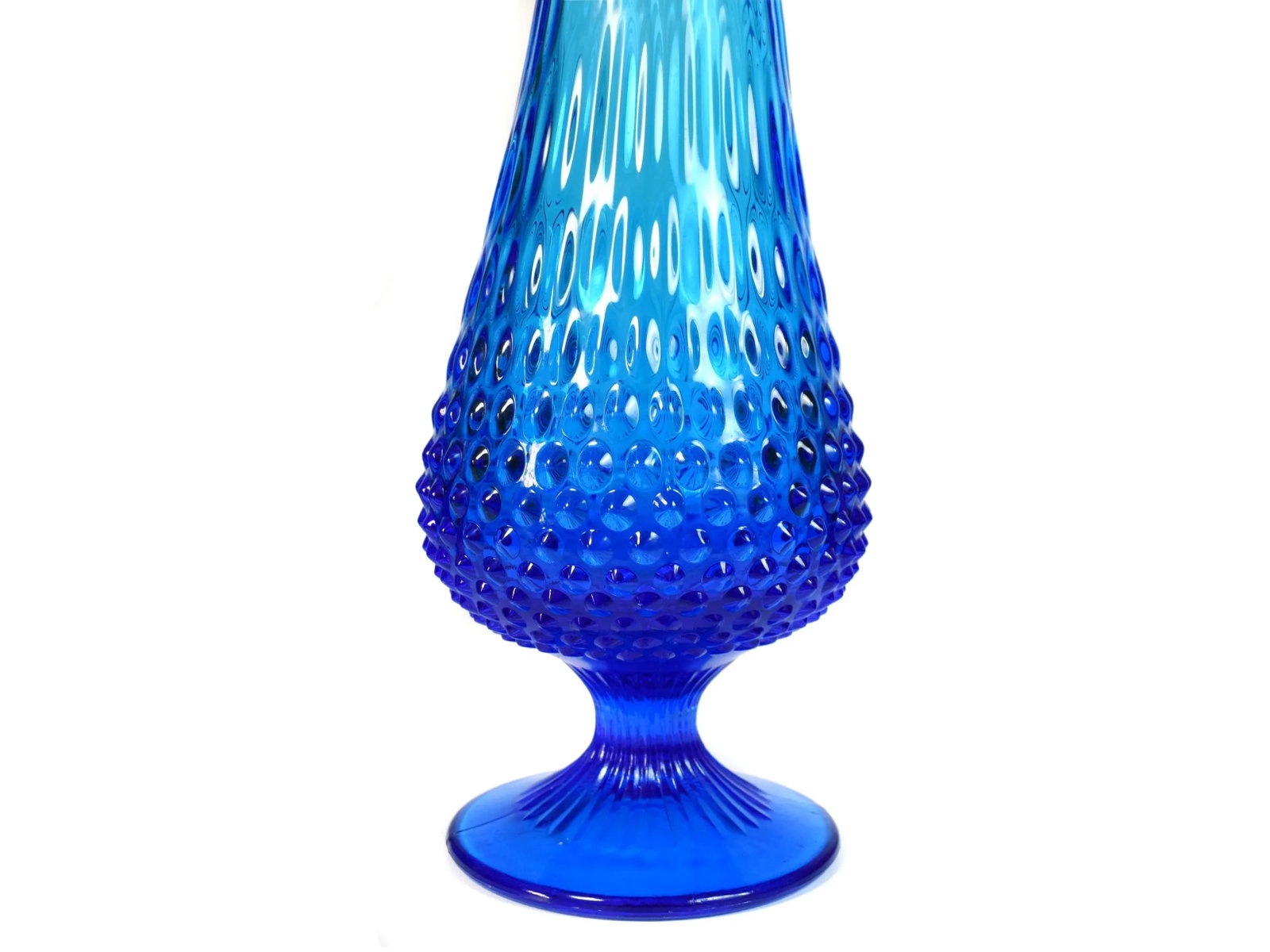 Mid-Century Tall Pedestal Fenton Colonial Blue Hobnail Swung Glass Vase - 4