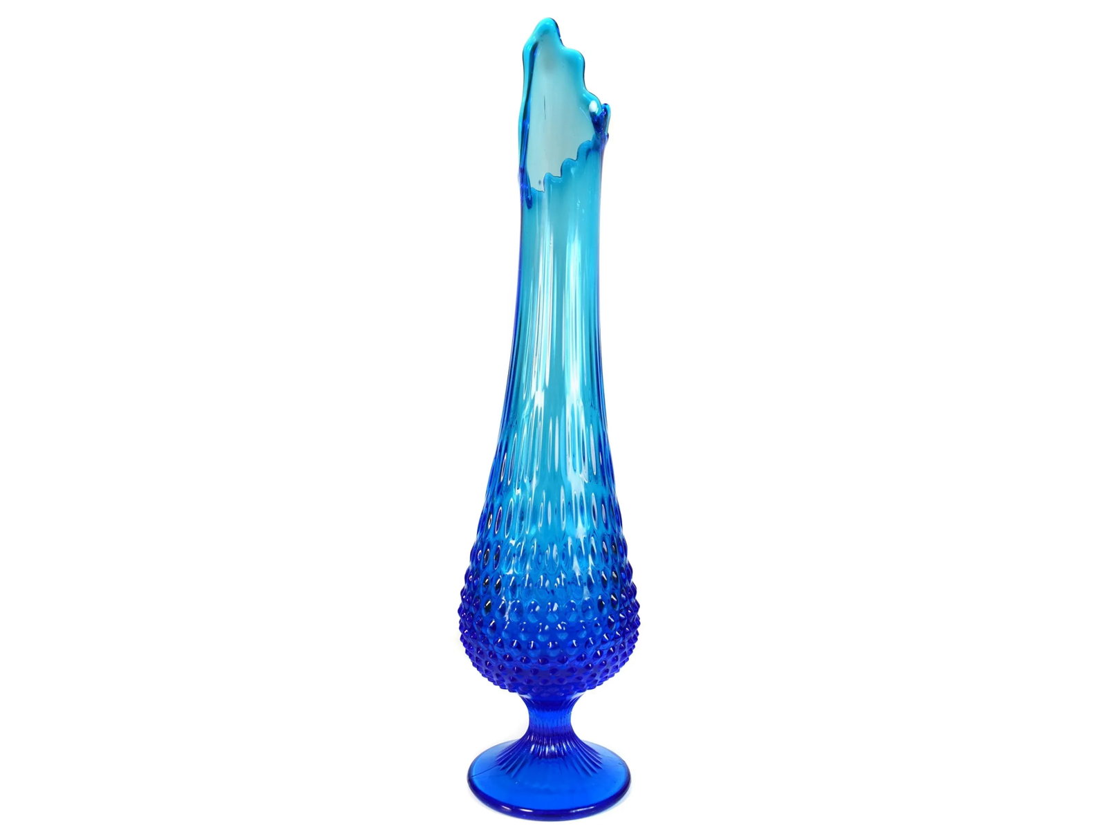 Mid-Century Tall Pedestal Fenton Colonial Blue Hobnail Swung Glass Vase - 8