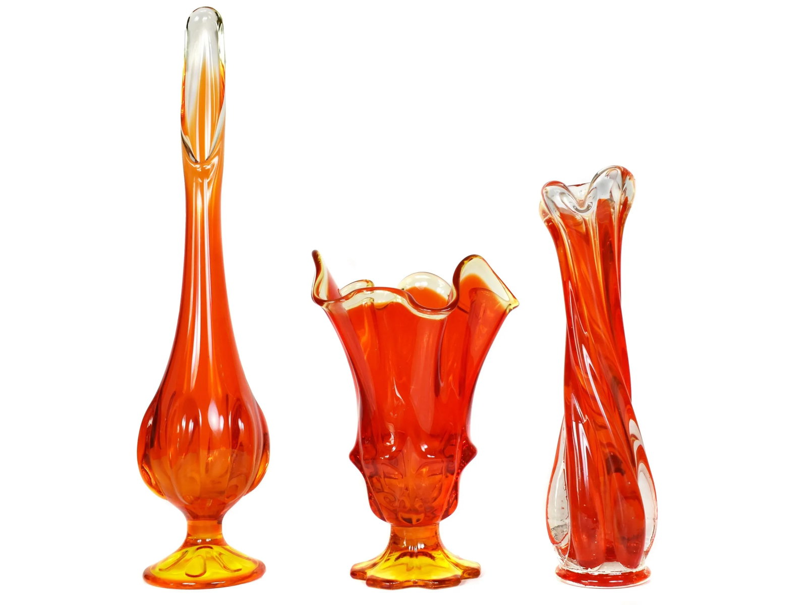 Mid-Century Modern Le Smith Viking Glass Amberina Orange Swung Handkerchief Vase Art Glass Set - 3 P - 12