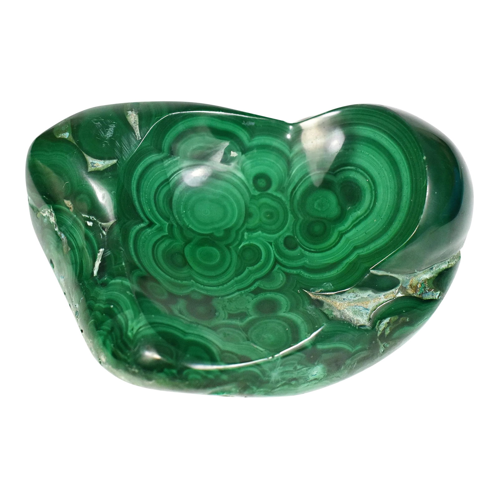 Mid 20th Century Modern Carved Natural Solid Malachite Stone Trinket Coin Bowl: Stunning carved solid malachite stone bowl with unique natural patterns and edge is a nice piece as a decor accent, paperweight, ashtray, jewelry trinket dish or other small items (coin change, trinke