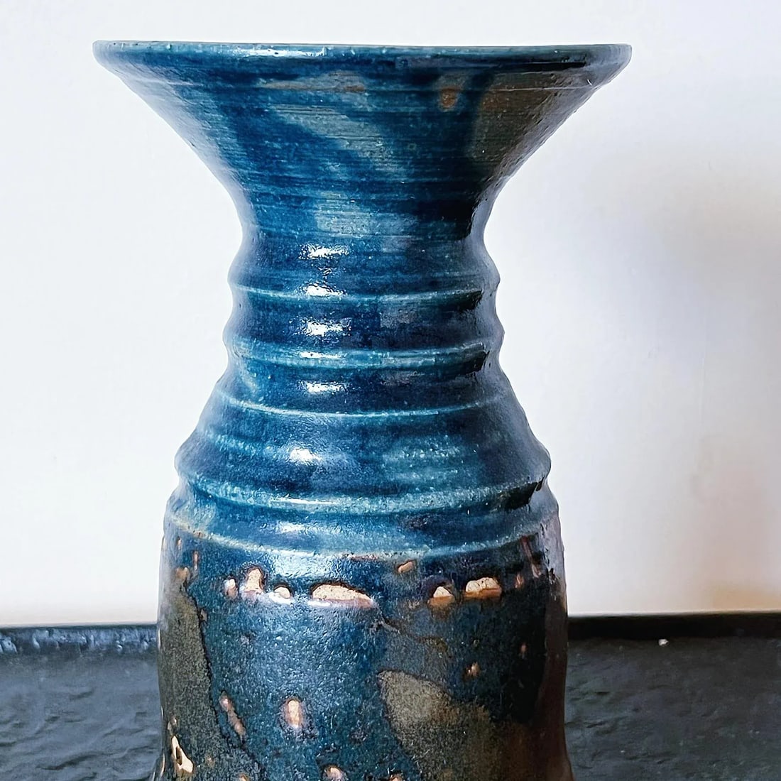 Vintage Hand Thrown Pottery Vase in Blue and Brown Glaze, Signed - 3