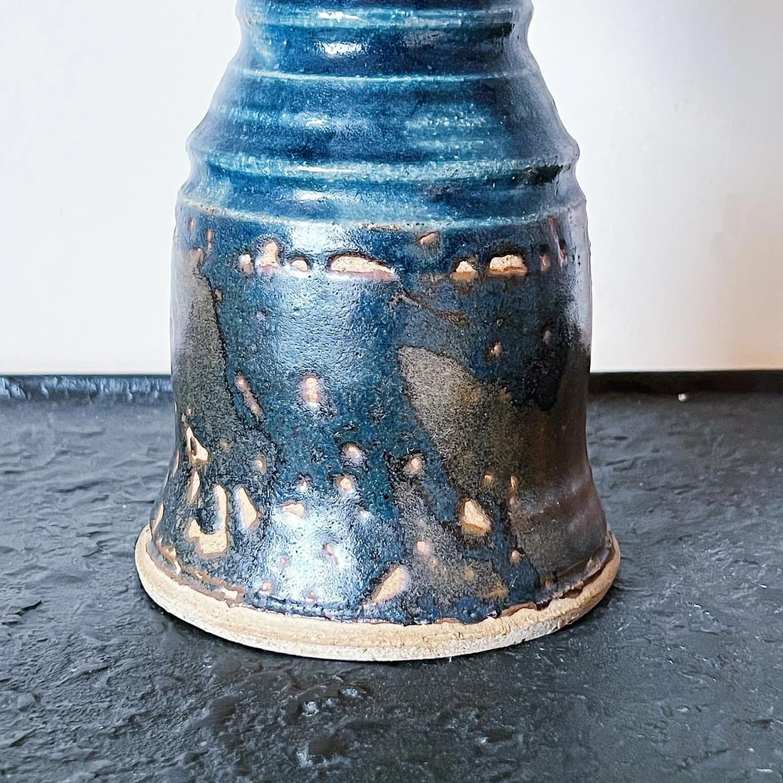 Vintage Hand Thrown Pottery Vase in Blue and Brown Glaze, Signed - 4