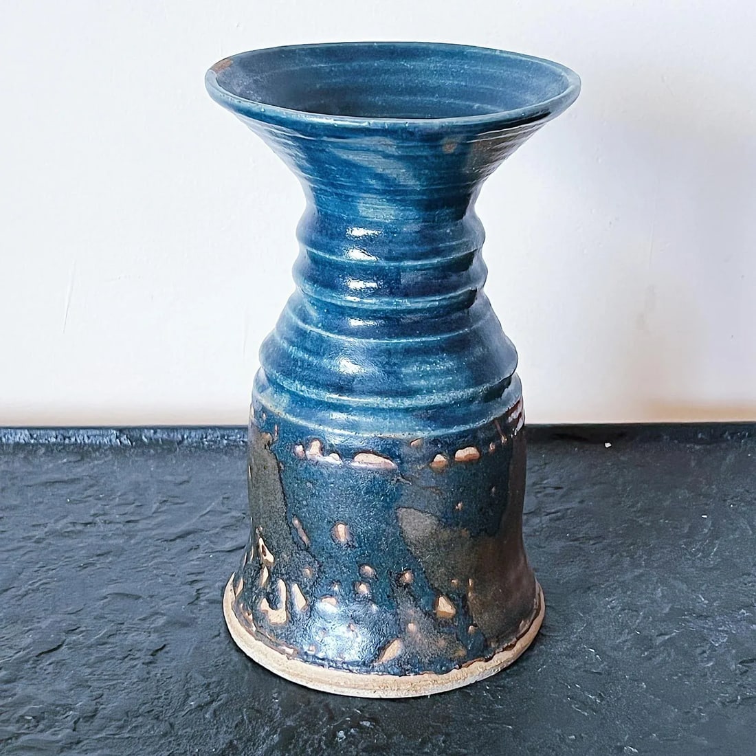 Vintage Hand Thrown Pottery Vase in Blue and Brown Glaze, Signed - 6