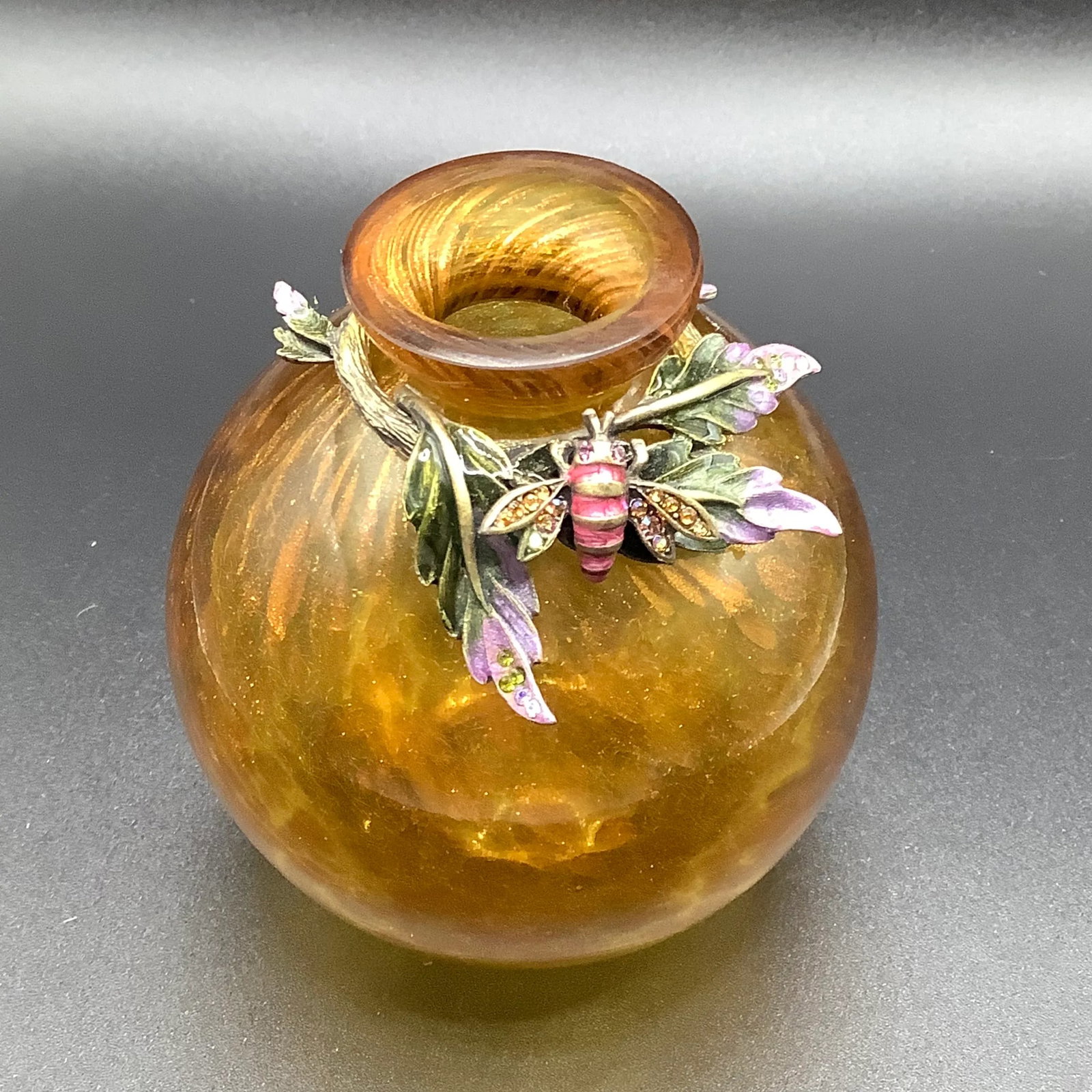 Late 20th Century Jay Strongwater Amber Glass Bud Vase With Enamel Bee - 4