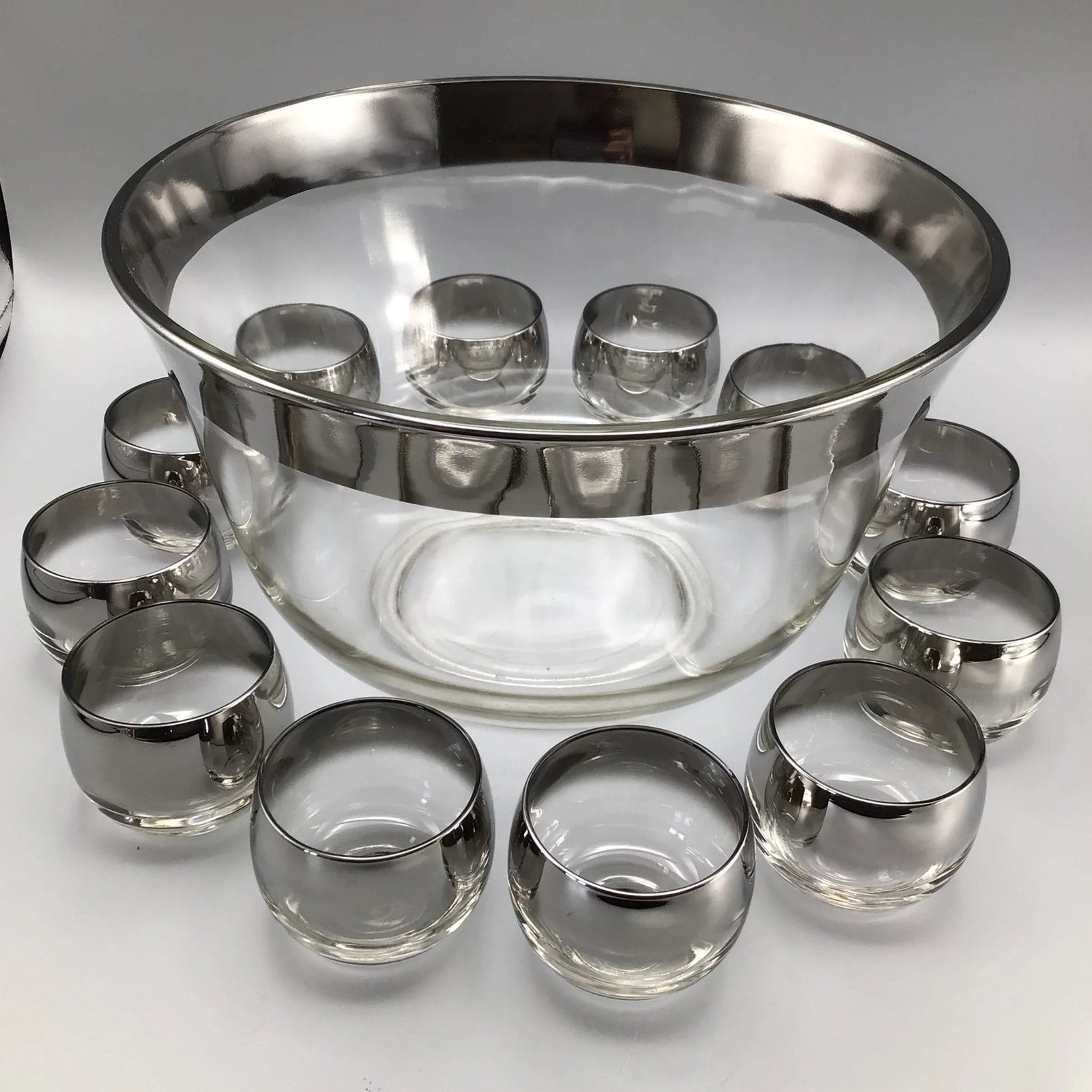 Dorothy Thorpe Silver Rim Punch Bowl and 12 Silver Fade Punch Cups-Set of 14 - 13
