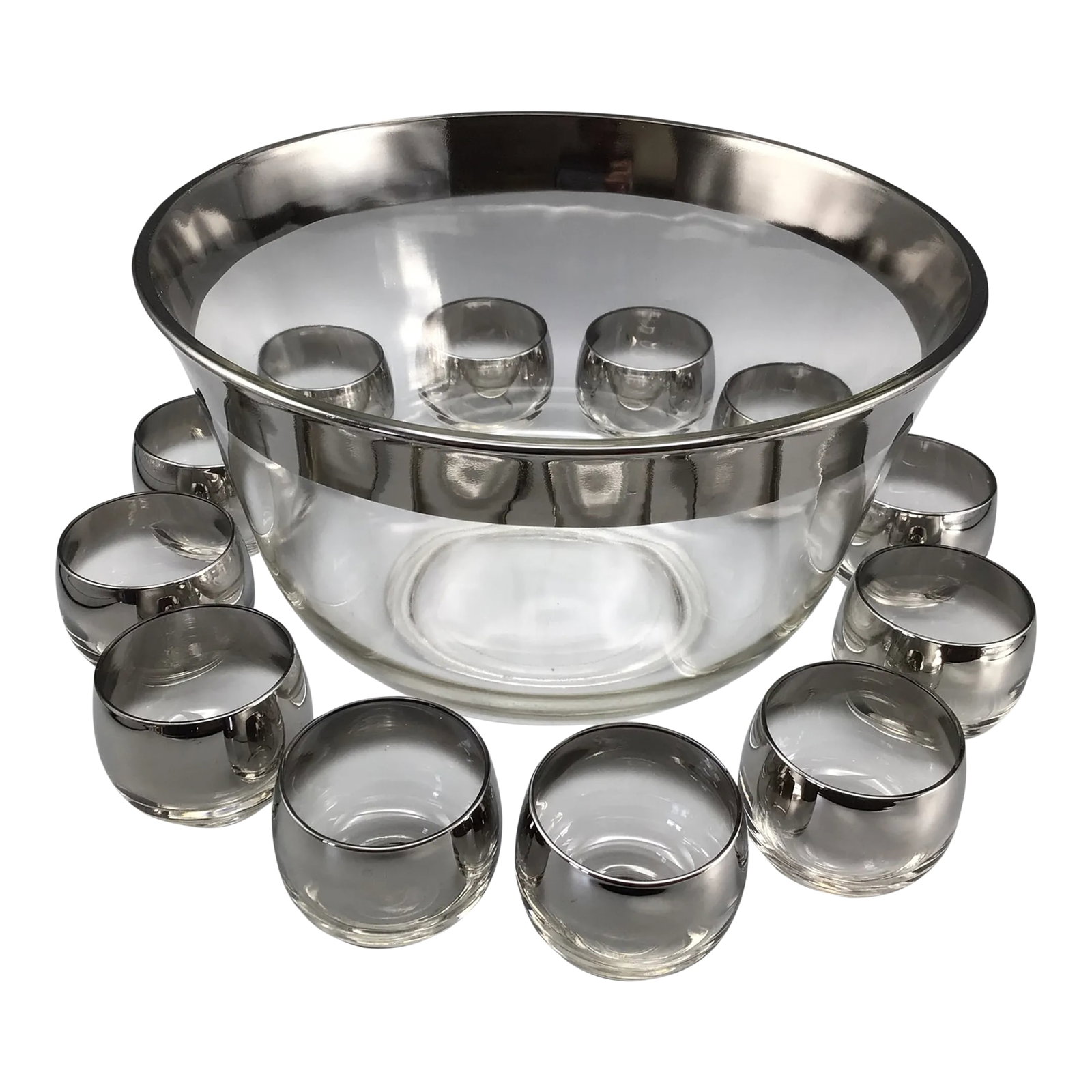 Dorothy Thorpe Silver Rim Punch Bowl and 12 Silver Fade Punch Cups-Set of 14 (1 of 13)