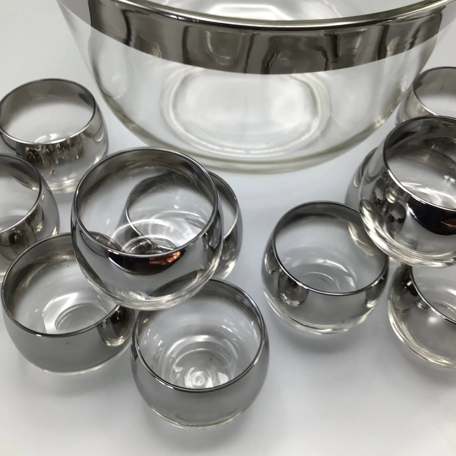 Dorothy Thorpe Silver Rim Punch Bowl and 12 Silver Fade Punch Cups-Set of 14 - 9