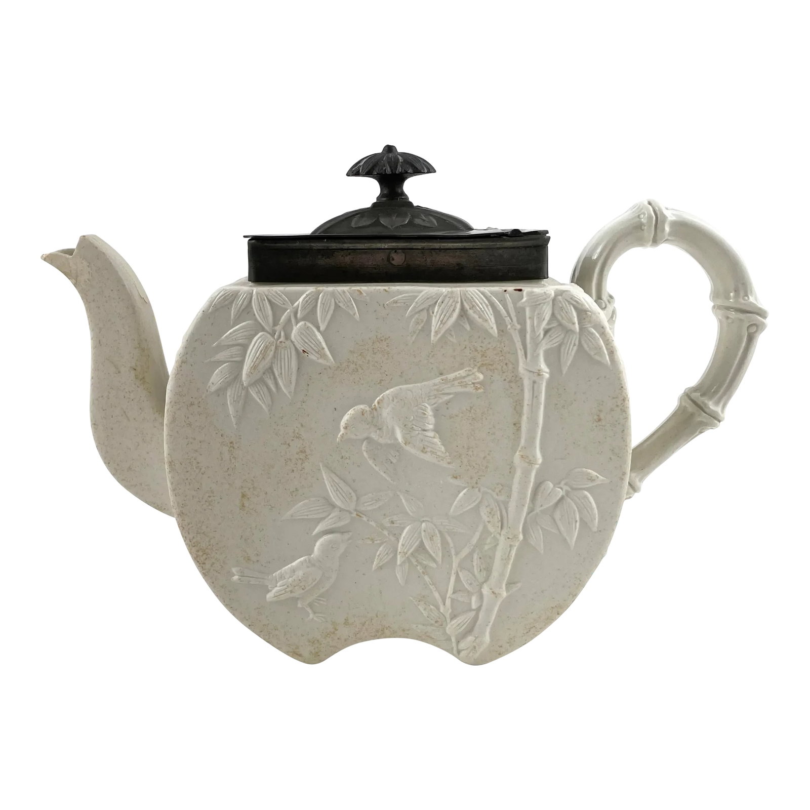 1874 Copeland Spode White Bisque Sparrows & Bamboo With Pewter Lid Tea Pot: Antique Copeland Spode white bisque tea pot with pewter lid Body has matte finish, decorated with birds and bamboo Handle has gloss finish Pewter lid is hinged with floral knob Based on makers mark st