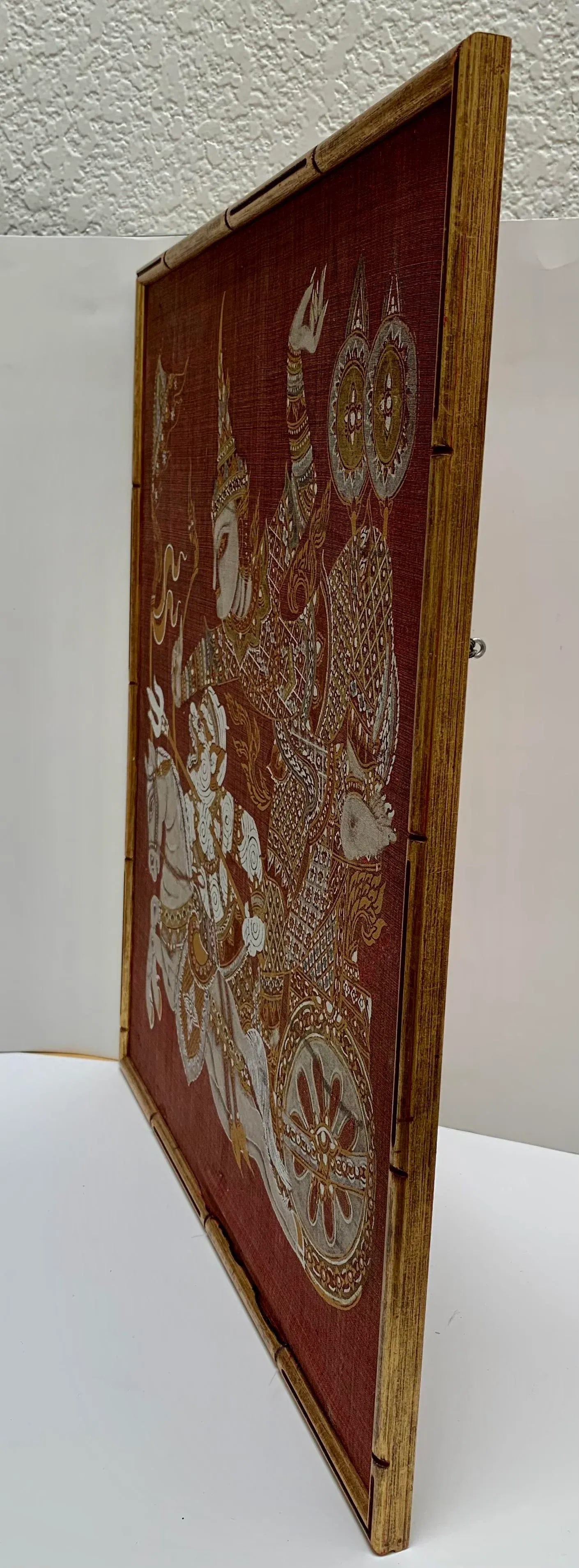Vintage Exotic Framed Silk Asian Warrior Motif Fabric in Bamboo Frame - 2