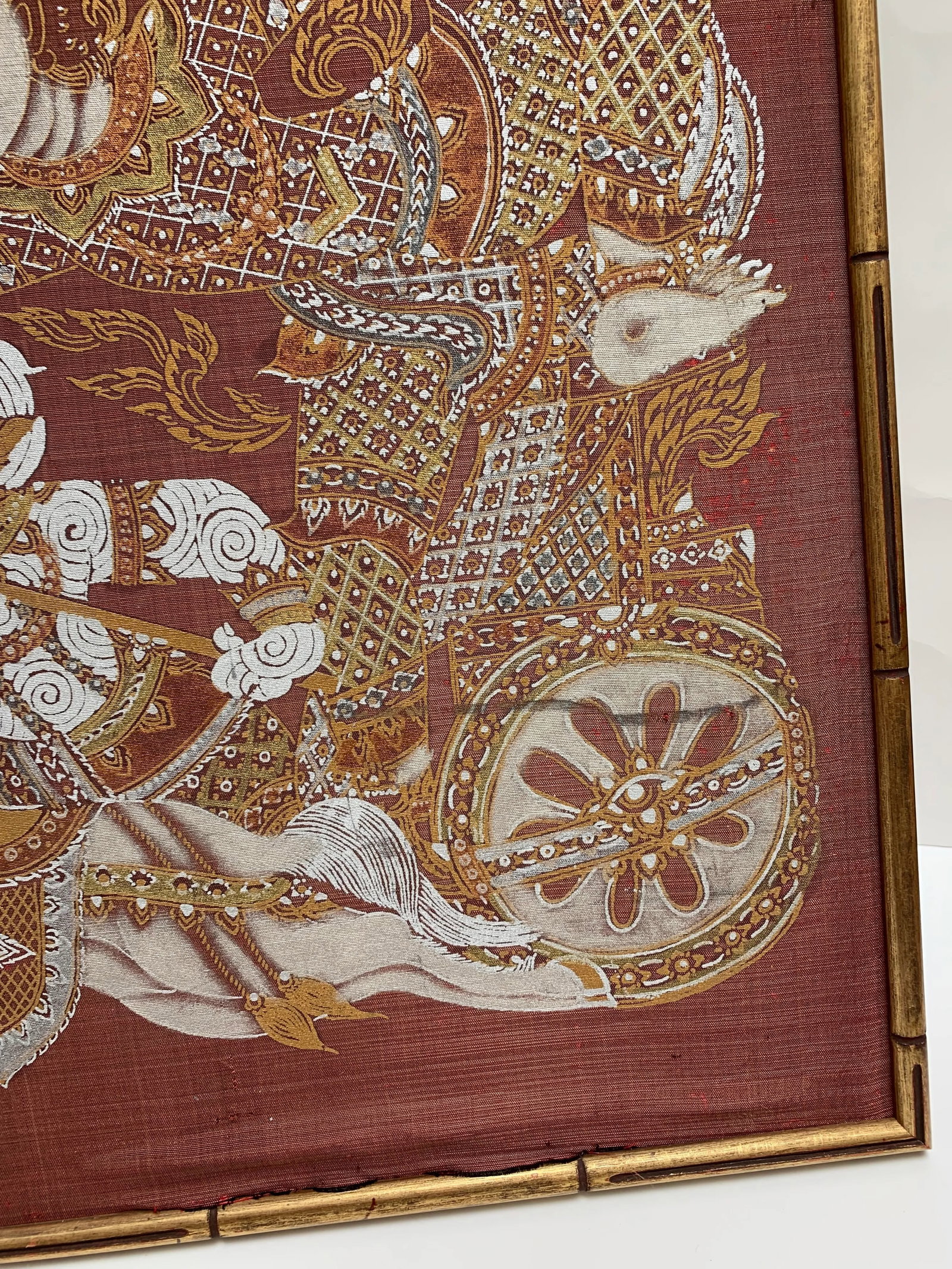 Vintage Exotic Framed Silk Asian Warrior Motif Fabric in Bamboo Frame - 5