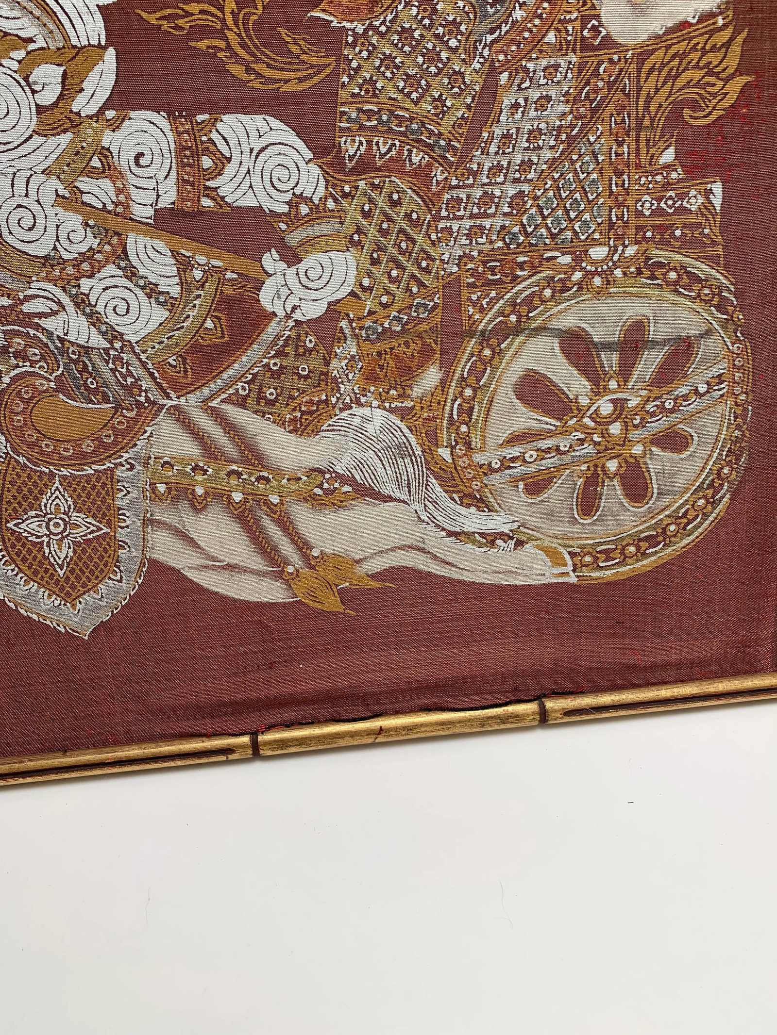 Vintage Exotic Framed Silk Asian Warrior Motif Fabric in Bamboo Frame - 6