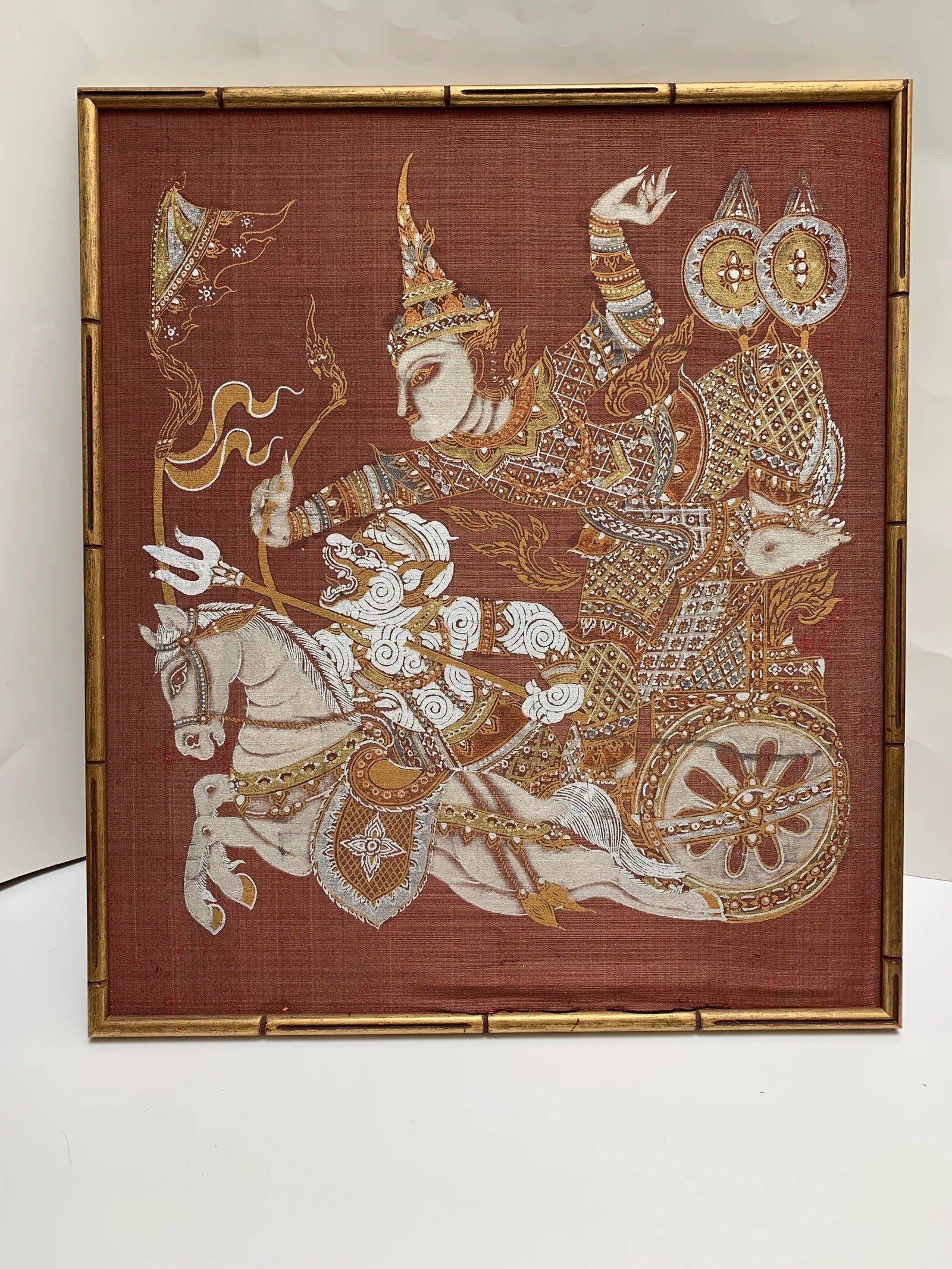 Vintage Exotic Framed Silk Asian Warrior Motif Fabric in Bamboo Frame - 7