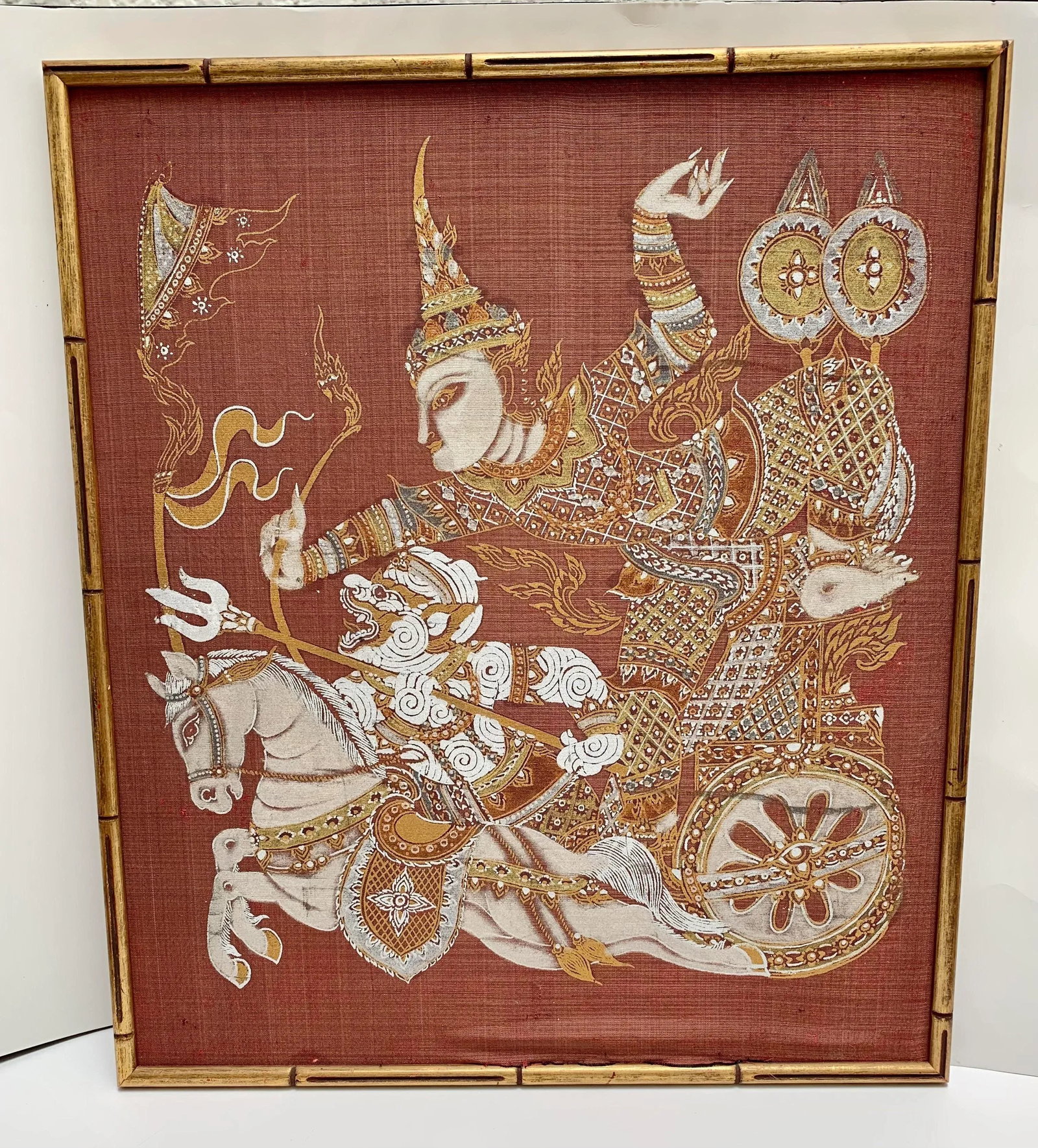 Vintage Exotic Framed Silk Asian Warrior Motif Fabric in Bamboo Frame - 8
