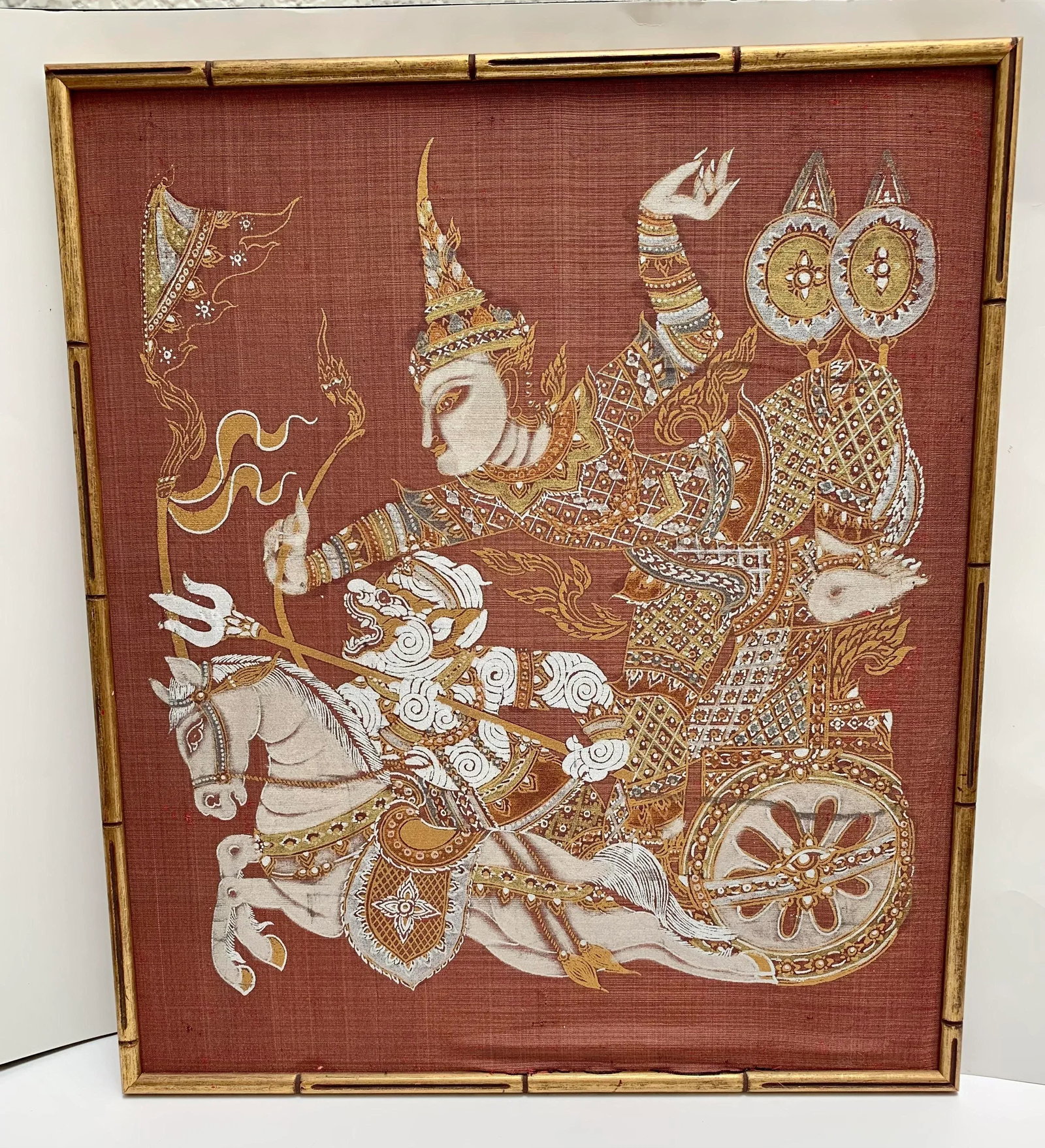 Vintage Exotic Framed Silk Asian Warrior Motif Fabric in Bamboo Frame - 9