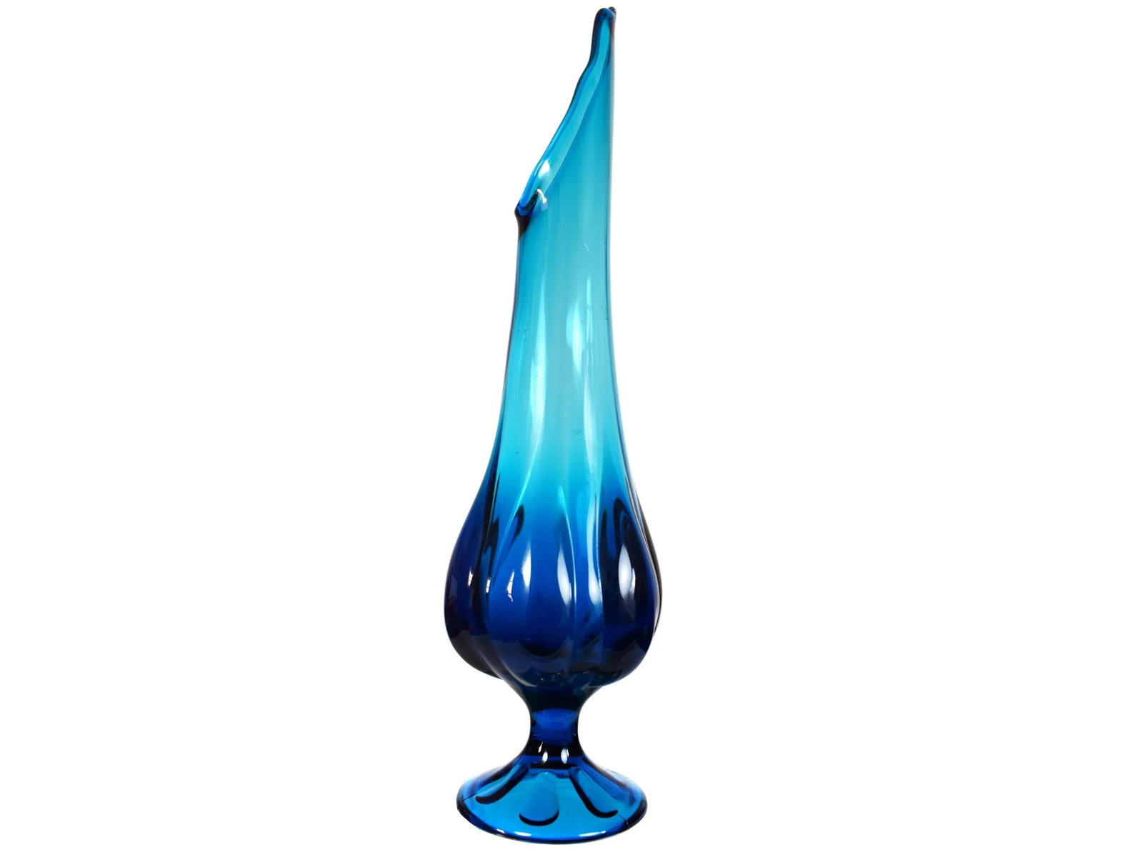 Mid-Century Modern Tall Pedestal Viking Swung Vase Blue Art Glass Vase - 2