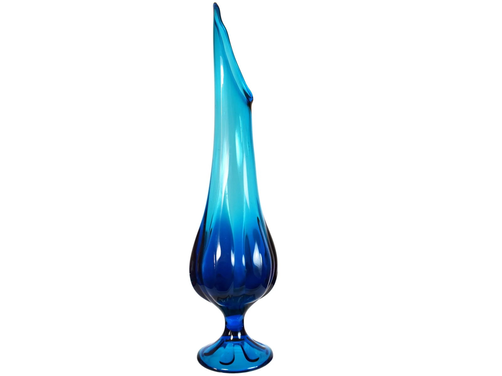 Mid-Century Modern Tall Pedestal Viking Swung Vase Blue Art Glass Vase - 3